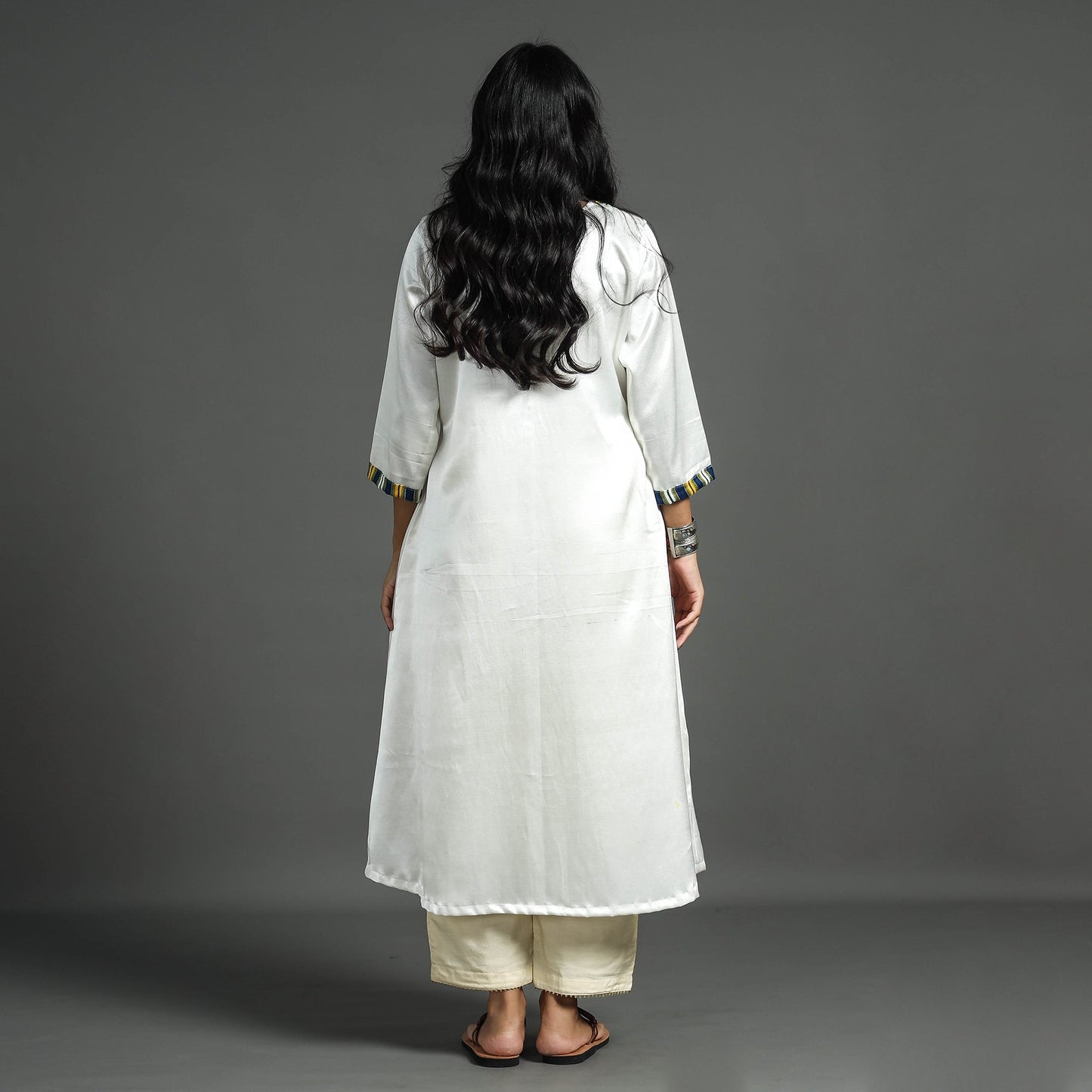White - plain mashru silk with patchwork floral kurta