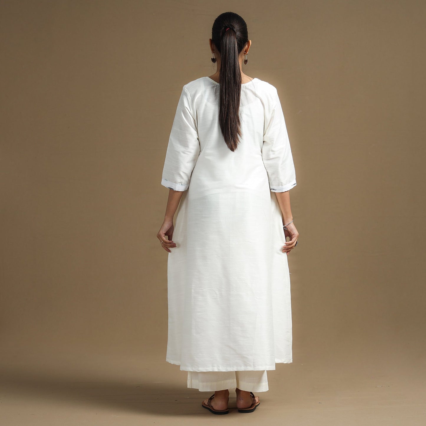 White - Plain Slub Silk Long A-Line Kurta with Ikat Patchwork 37