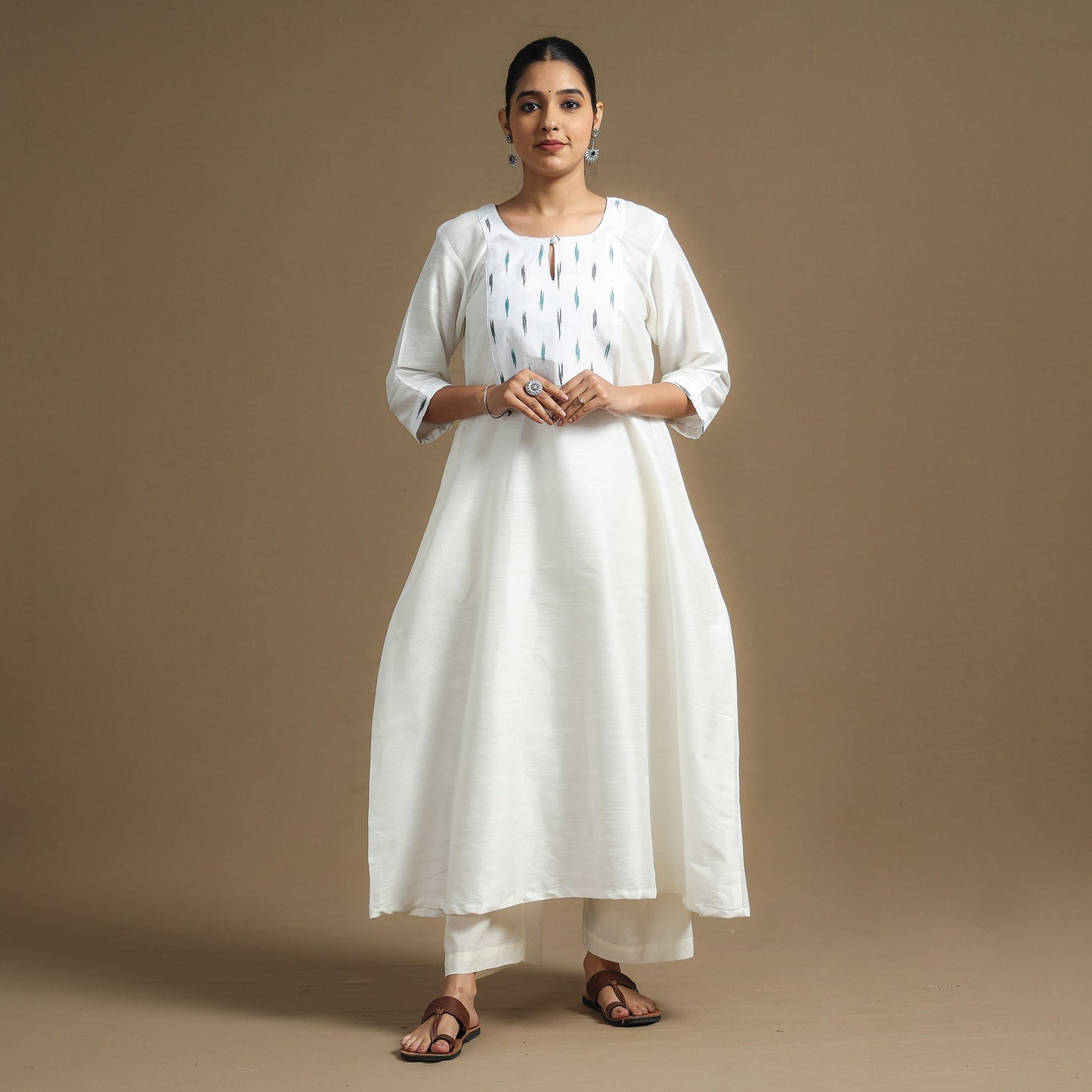White - Plain Slub Silk Long A-Line Kurta with Ikat Patchwork 37