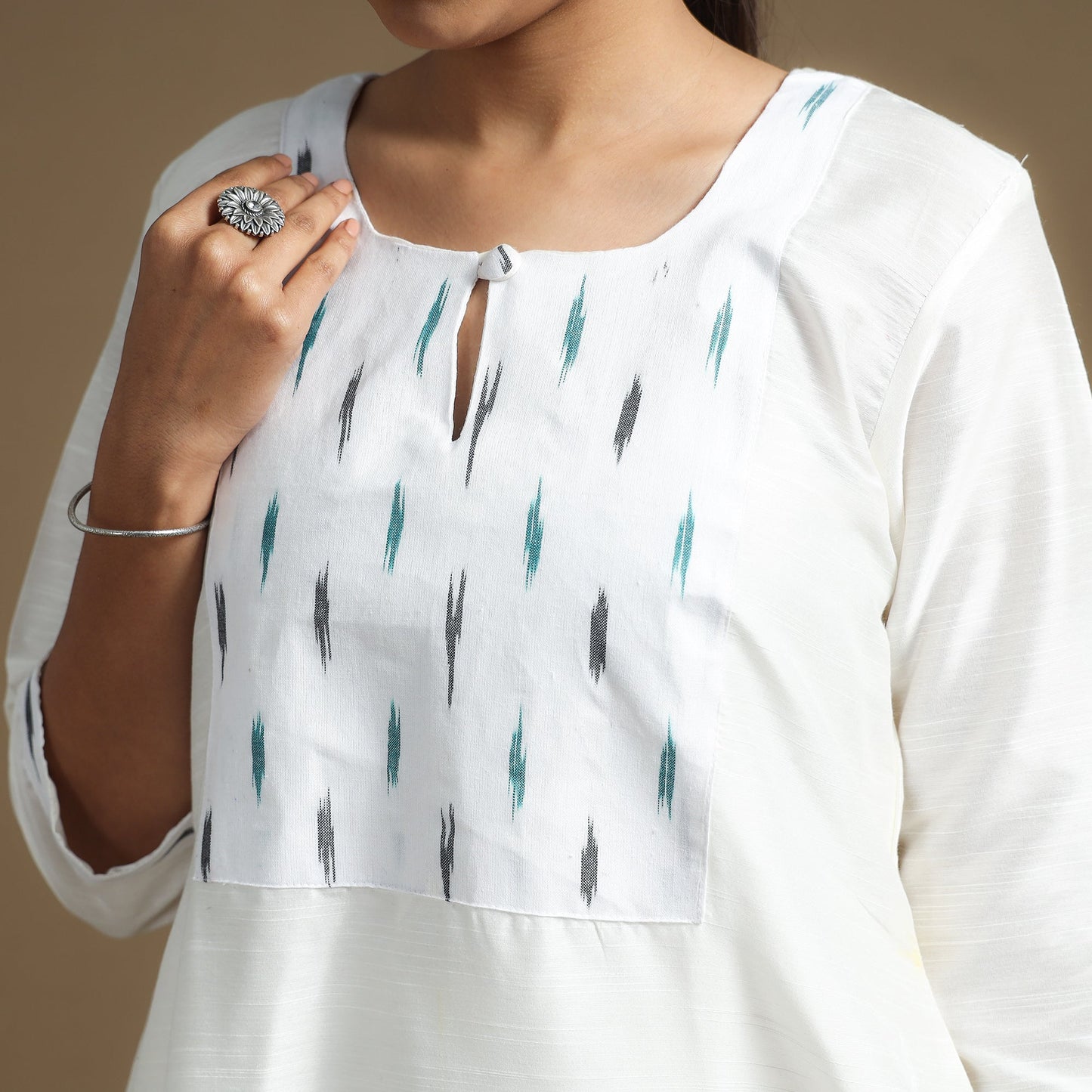 White - Plain Slub Silk Long A-Line Kurta with Ikat Patchwork 37