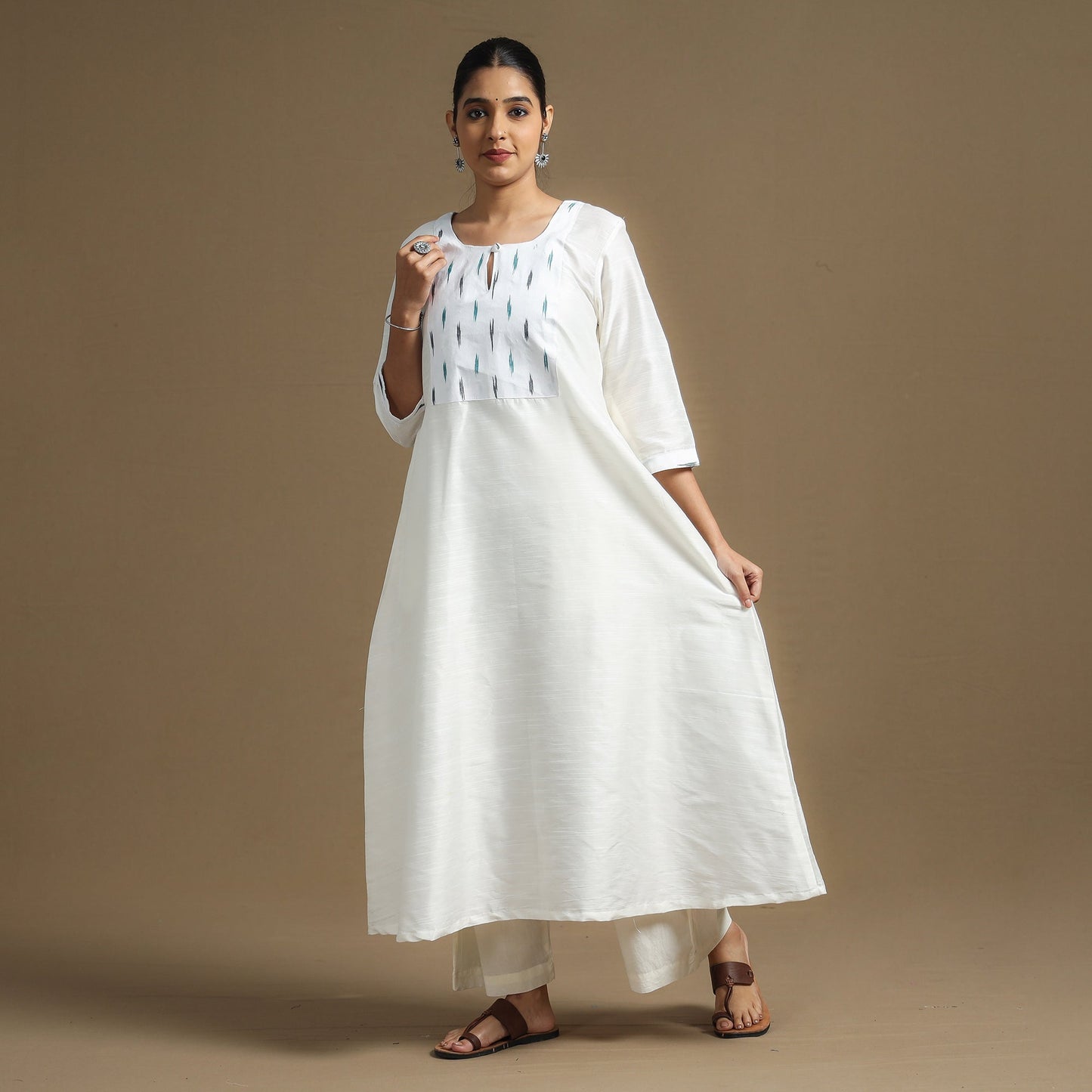White - Plain Slub Silk Long A-Line Kurta with Ikat Patchwork 37