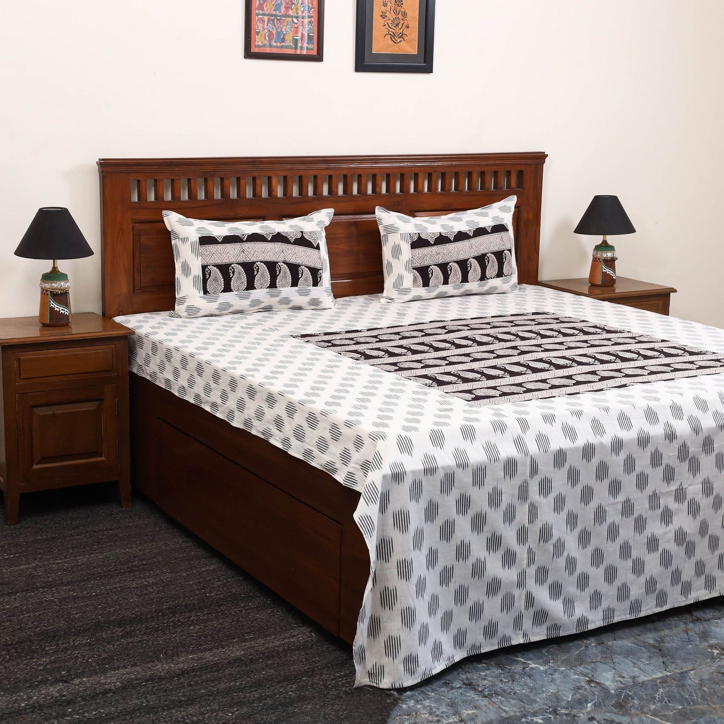 Pochampally ikat with bagh patch cotton bedsheet set 18