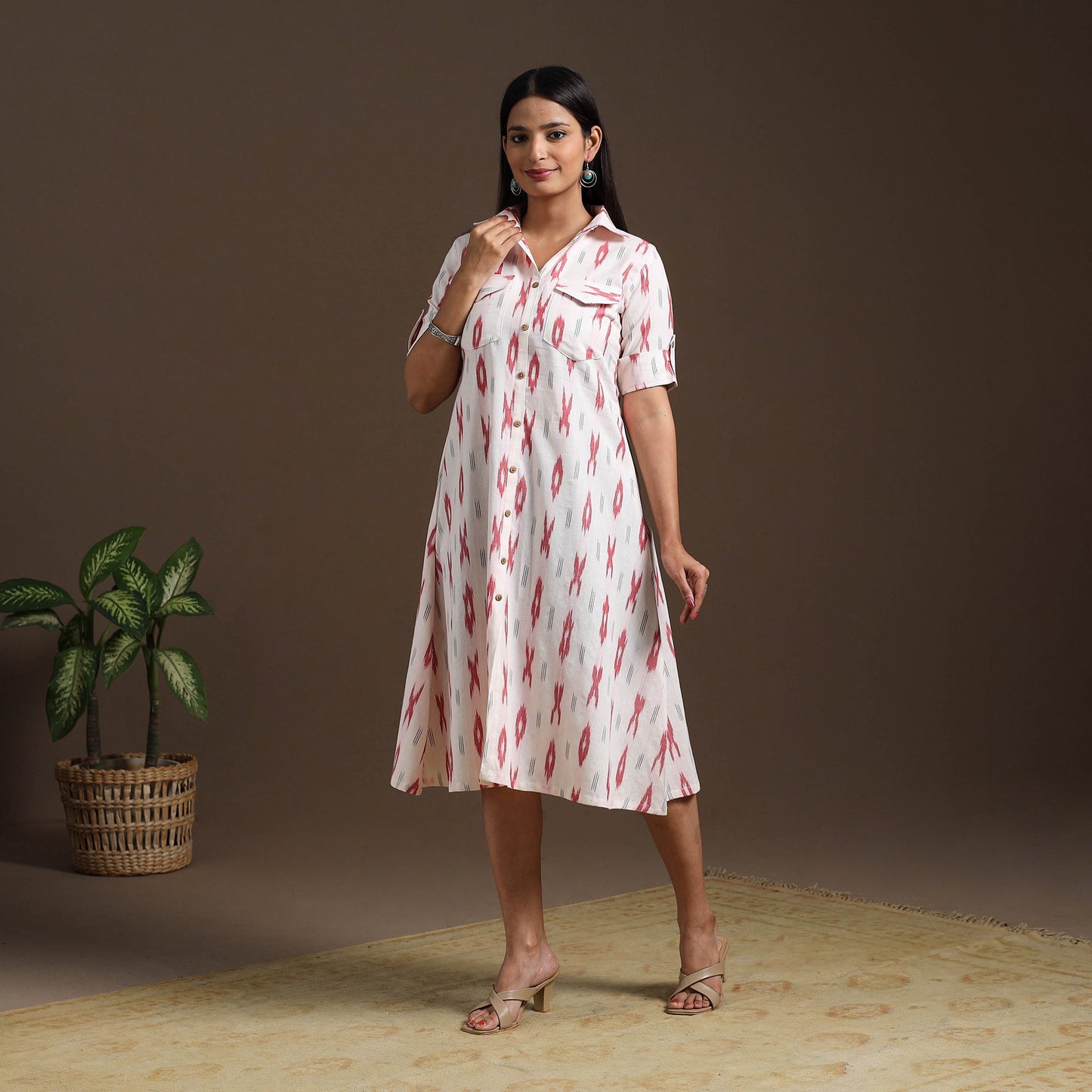 White Pochampally Ikat Cotton Shirt Midi Dress for Women