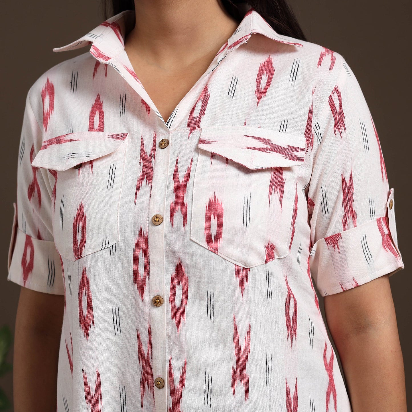 White Pochampally Ikat Cotton Shirt Midi Dress for Women