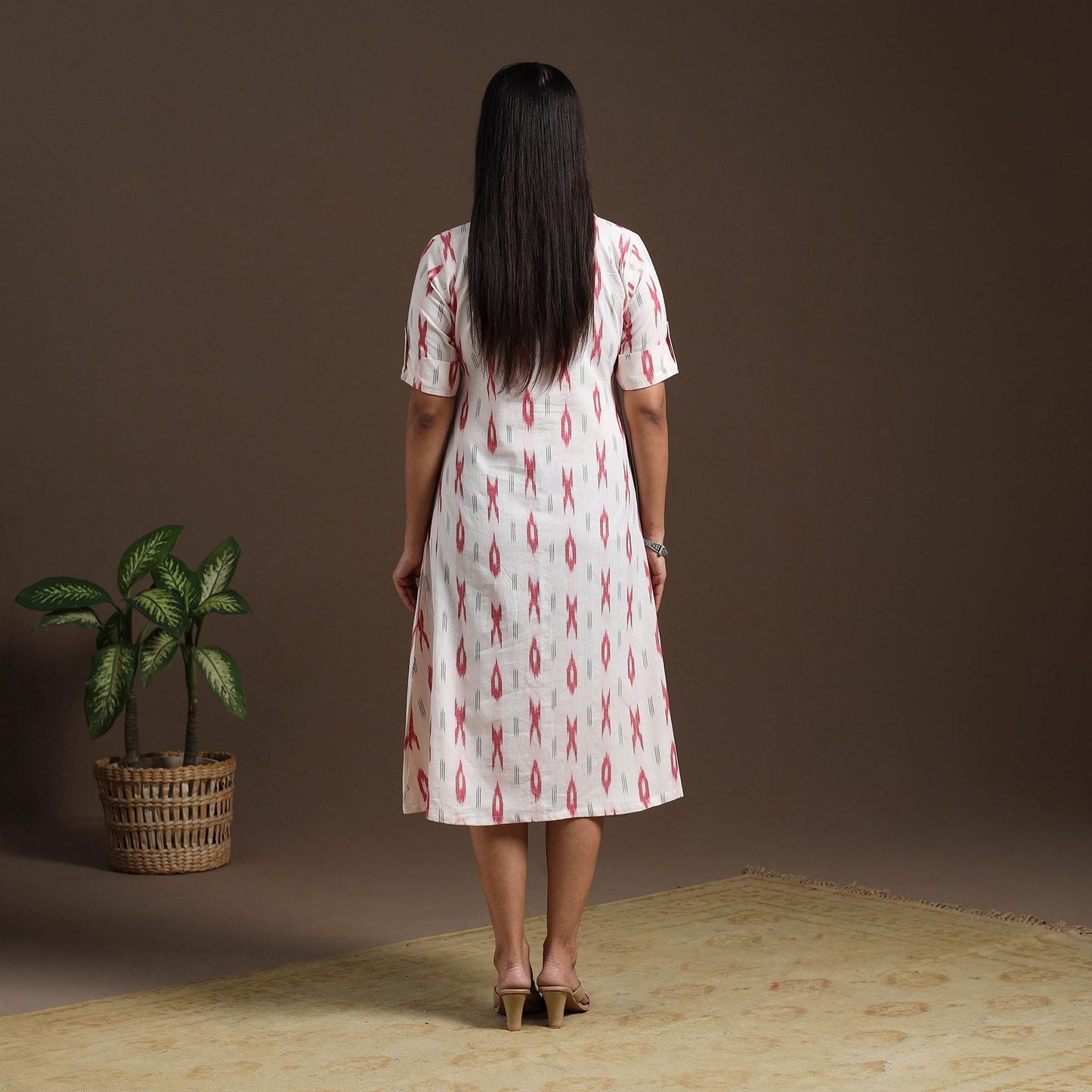 White Pochampally Ikat Cotton Shirt Midi Dress for Women
