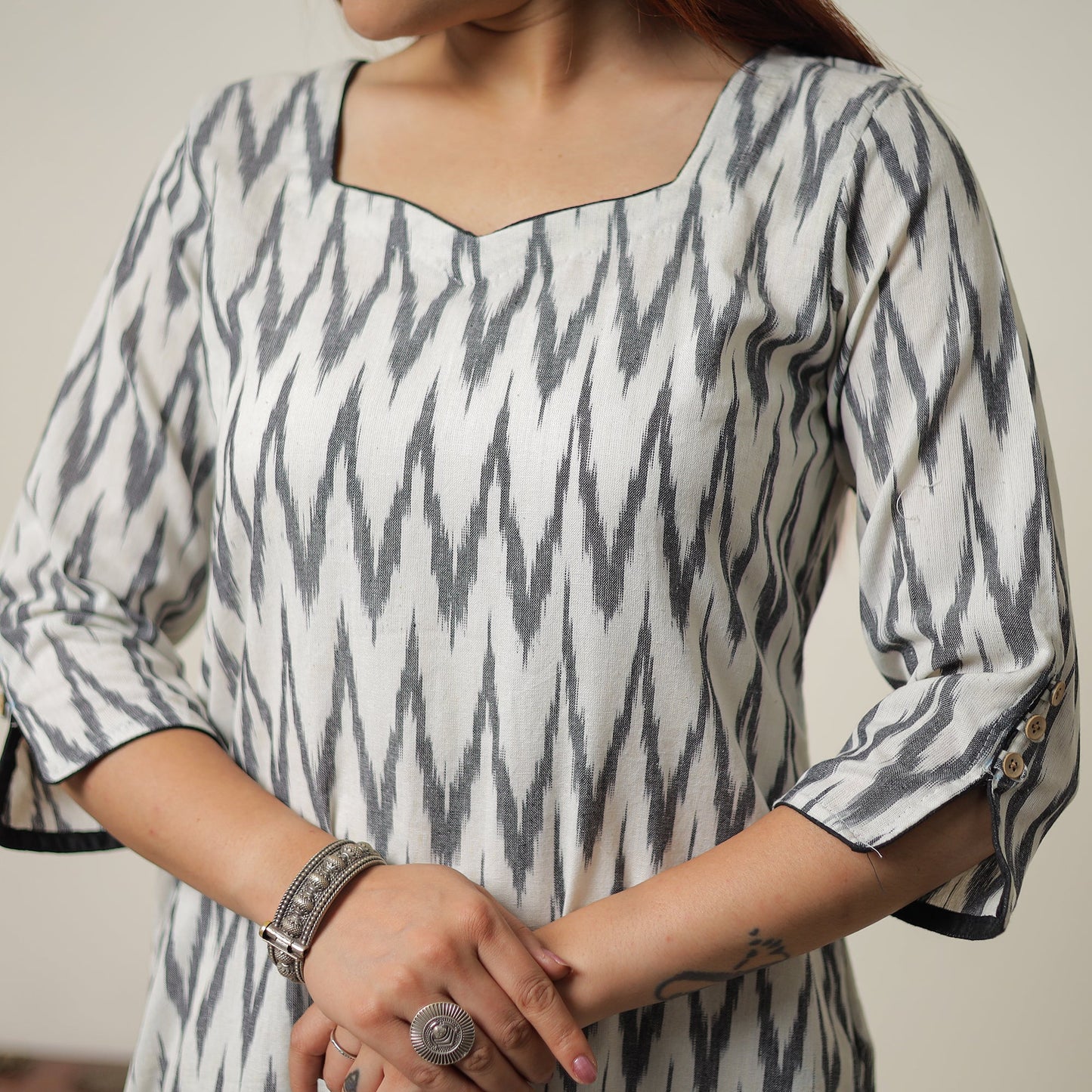 Pochampally Ikat Weave Cotton Kurta with Palazzo & Dupatta Set 01