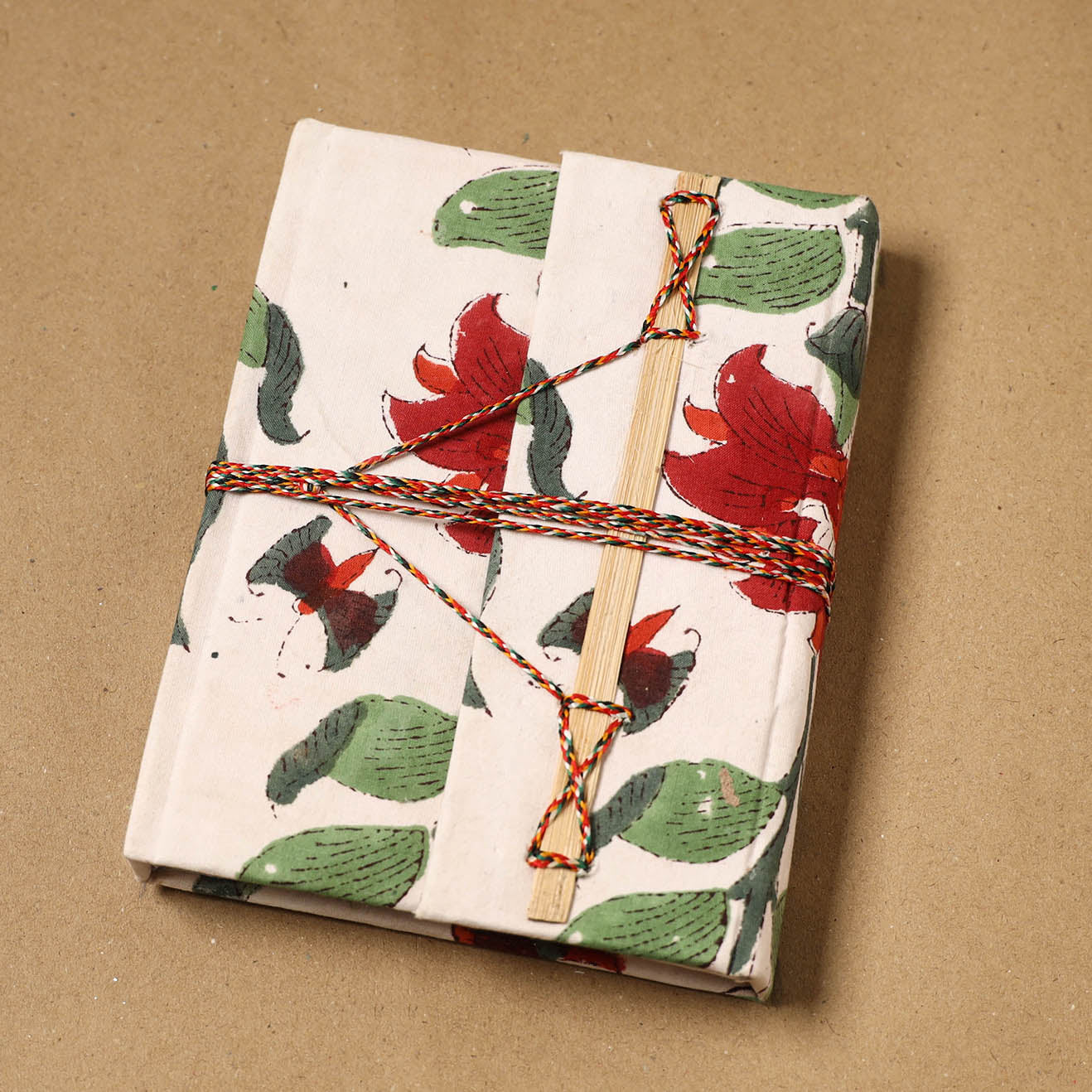 Printed fabric cover handmade paper notebook with thread