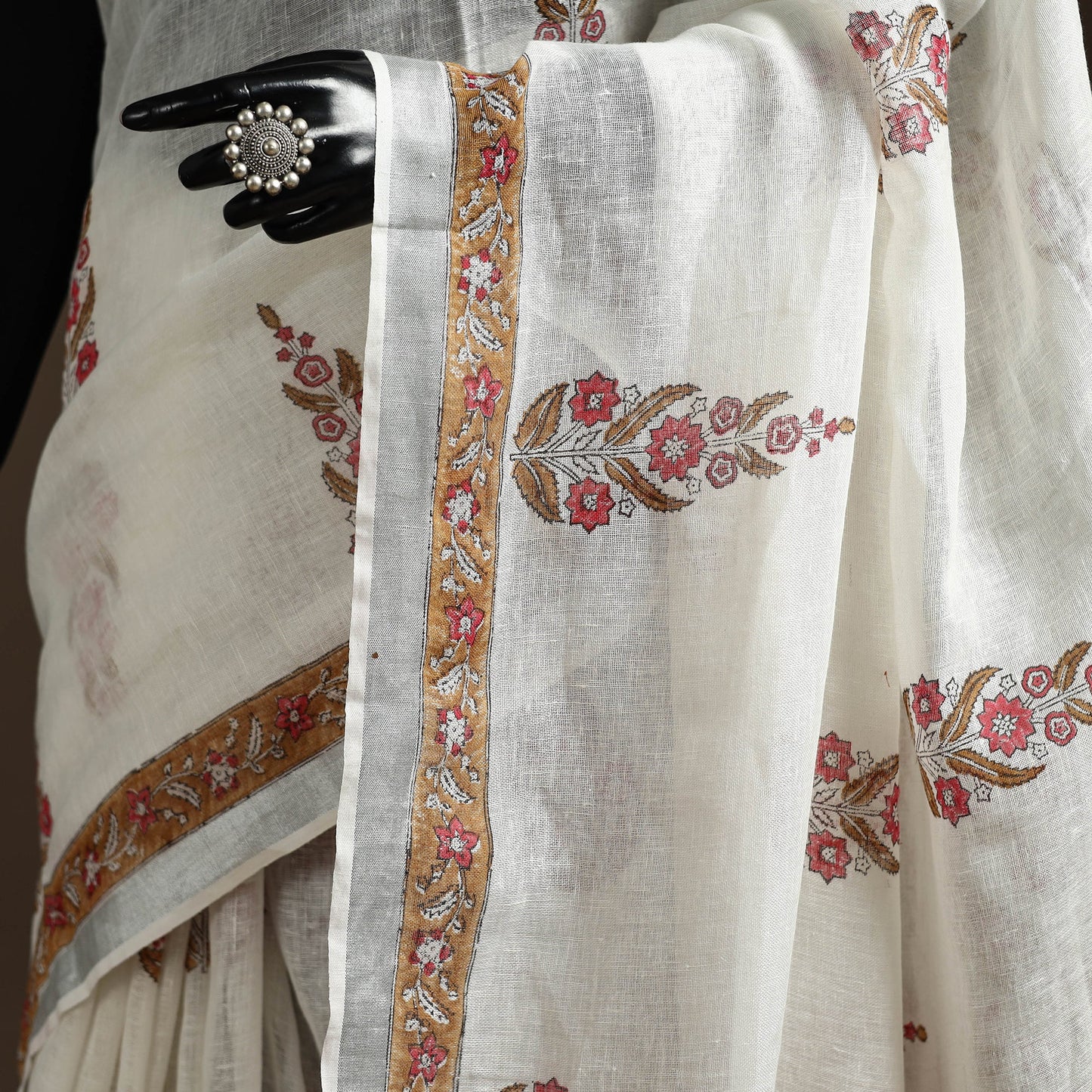 White - printed linen handloom sanganeri saree - handcrafted