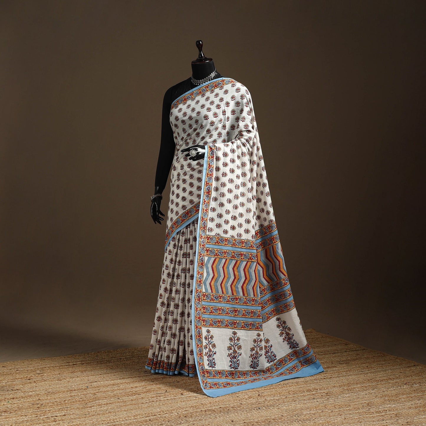 White - printed mul cotton sanganeri saree - handcrafted