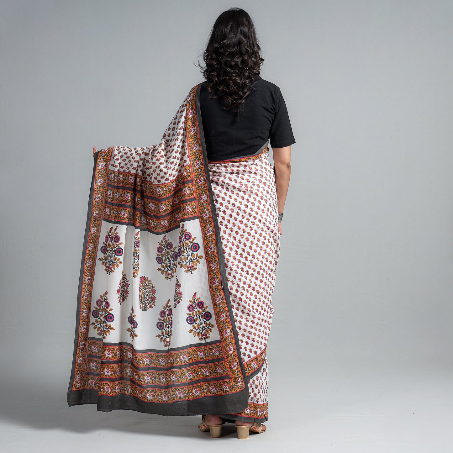 Brown - Block Printed Mul Cotton Sanganeri Saree