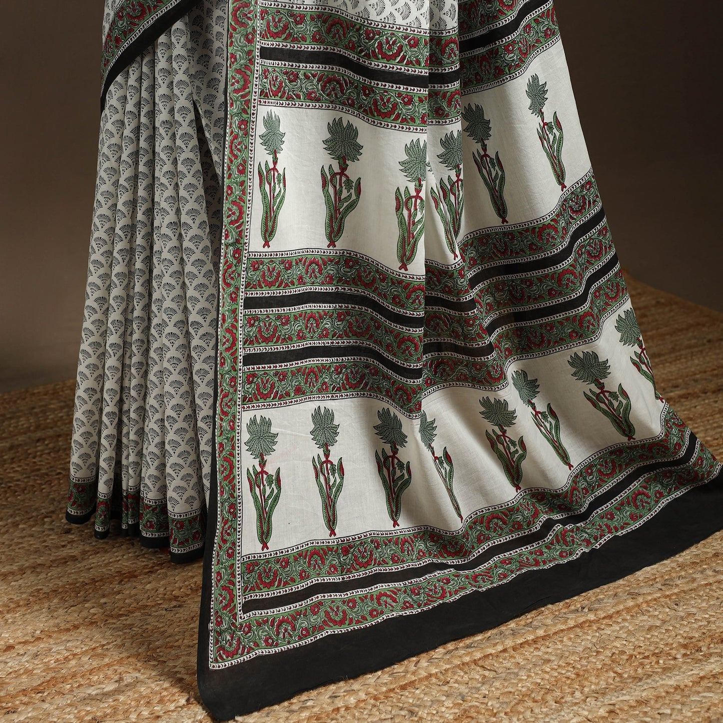 White - printed mul cotton sanganeri saree - handcrafted