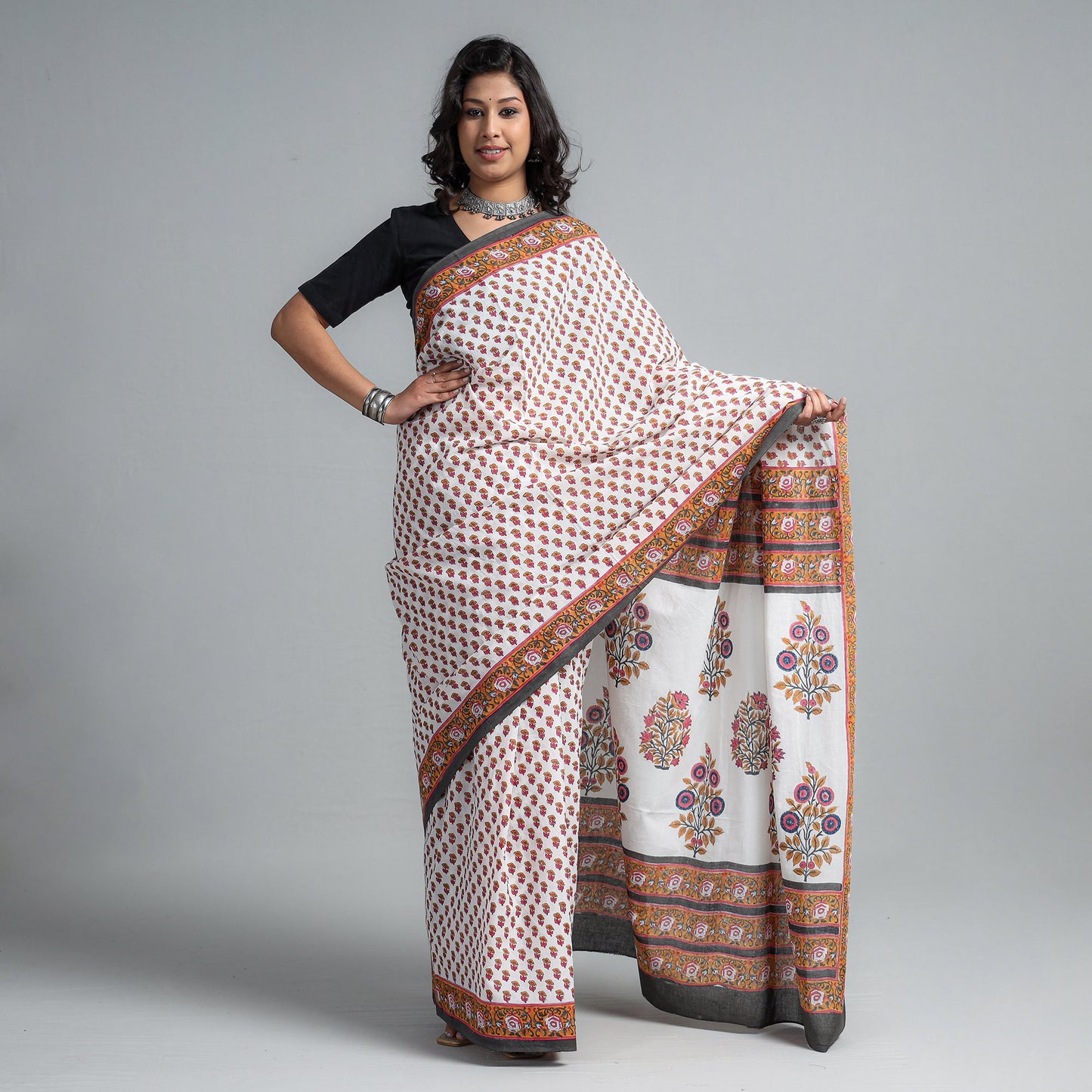 Brown - Block Printed Mul Cotton Sanganeri Saree