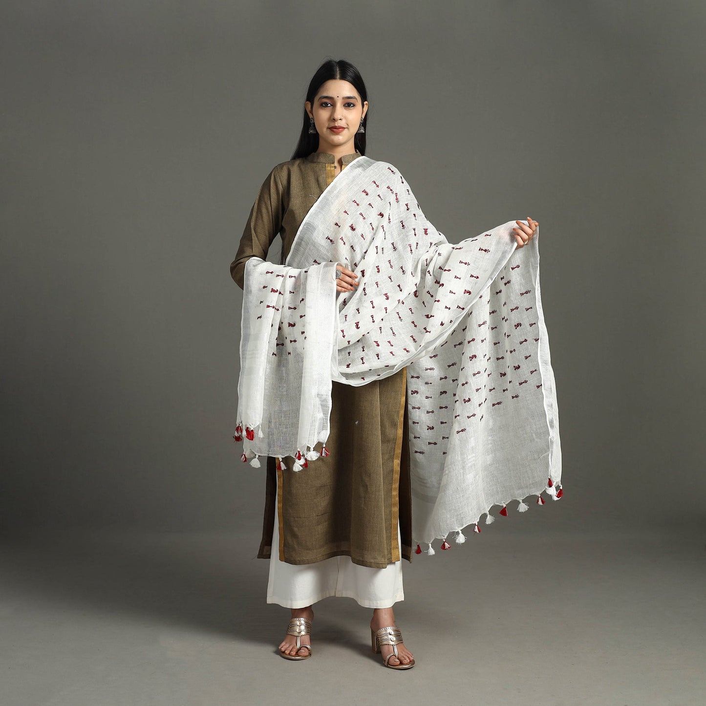 White - Pure Linen Hand Embroidery Dupatta with Tassels 26
