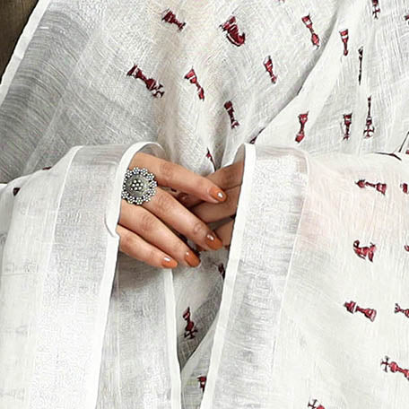 White - Pure Linen Hand Embroidery Dupatta with Tassels 26