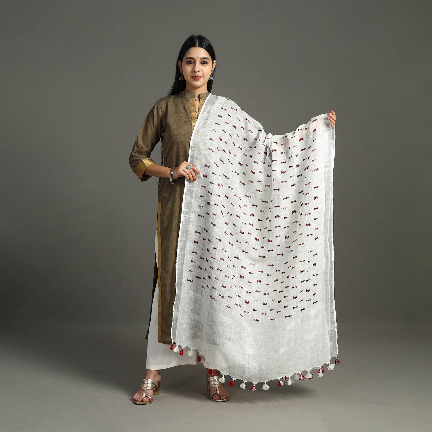 White - Pure Linen Hand Embroidery Dupatta with Tassels 26