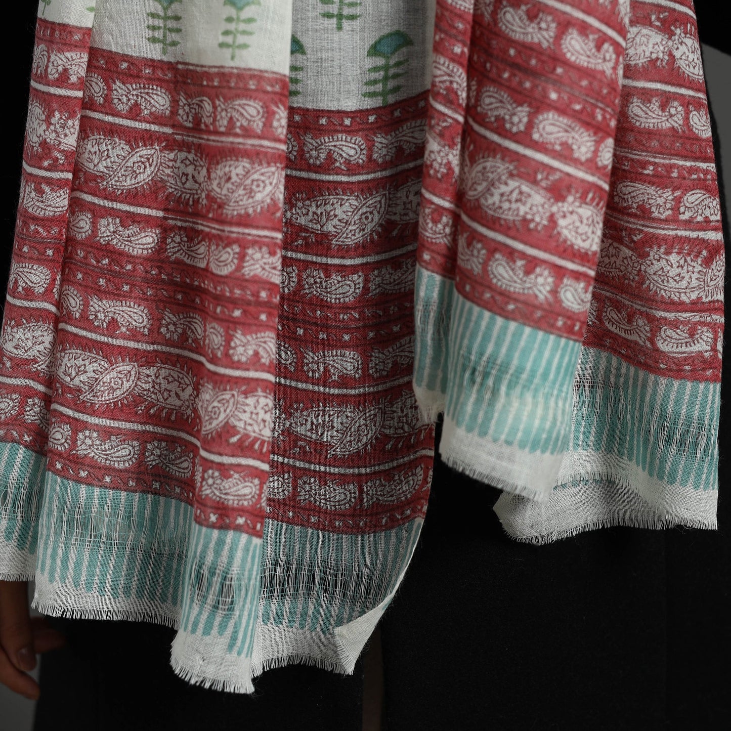 White - pure wool sanganeri stole 03 - handcrafted