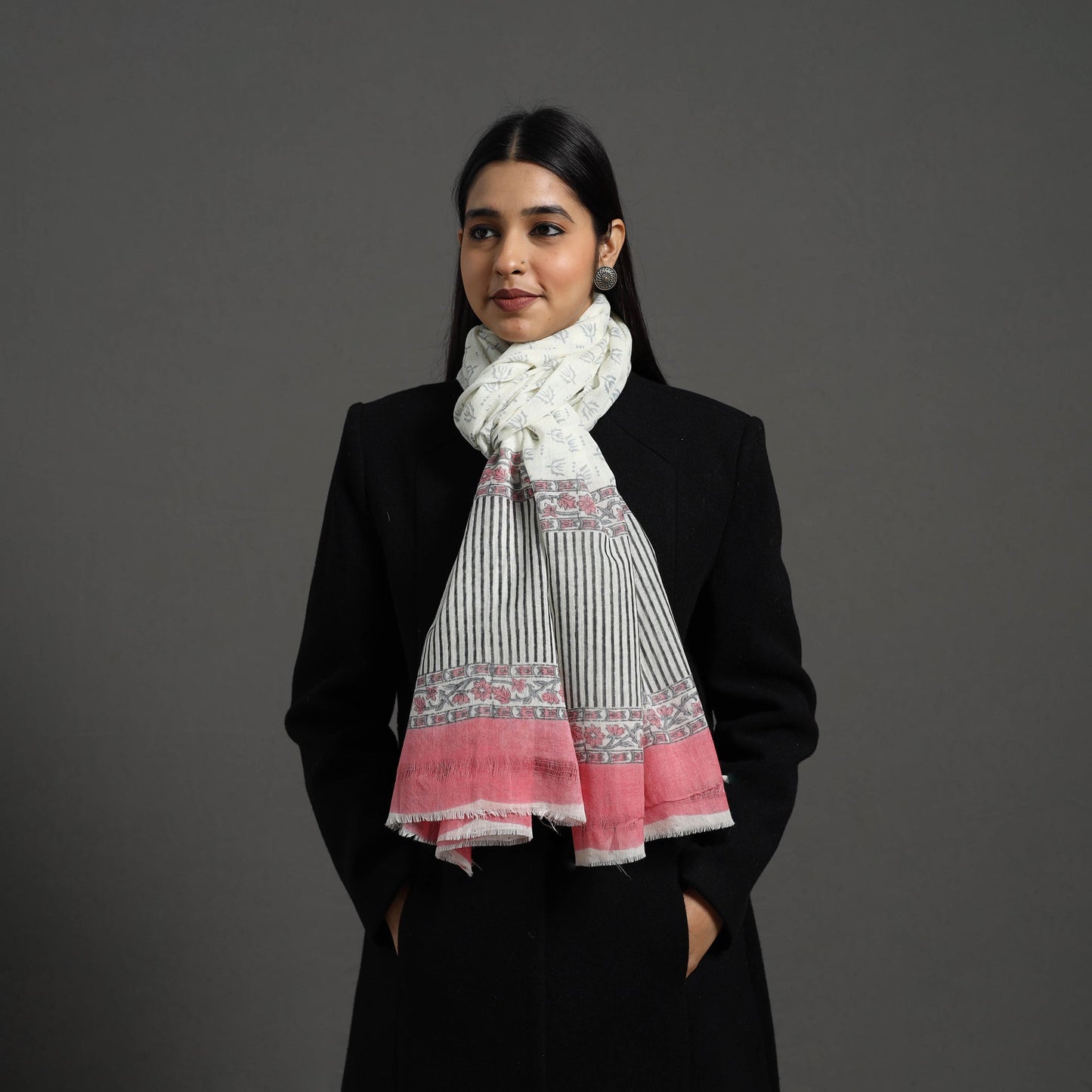 White - pure wool sanganeri stole 40 - handcrafted