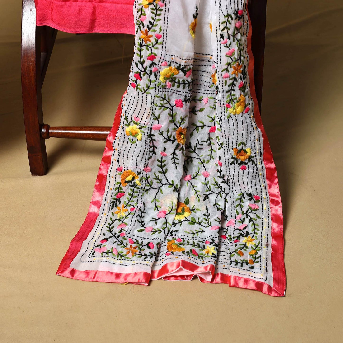 White - ranihati chapa work hand embroidery georgette 3pc