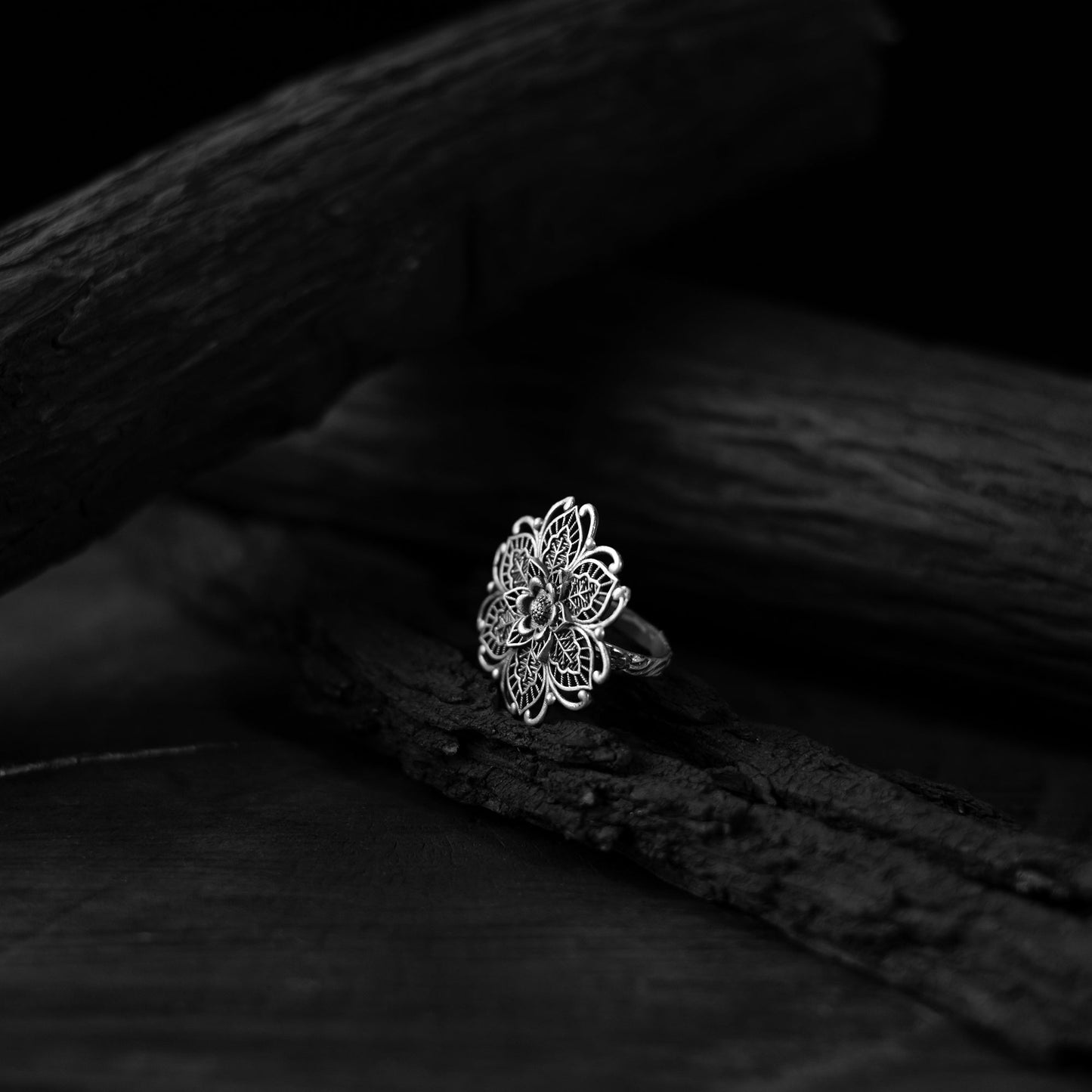 White - saanjh bela blossom oxidised ring - handcrafted