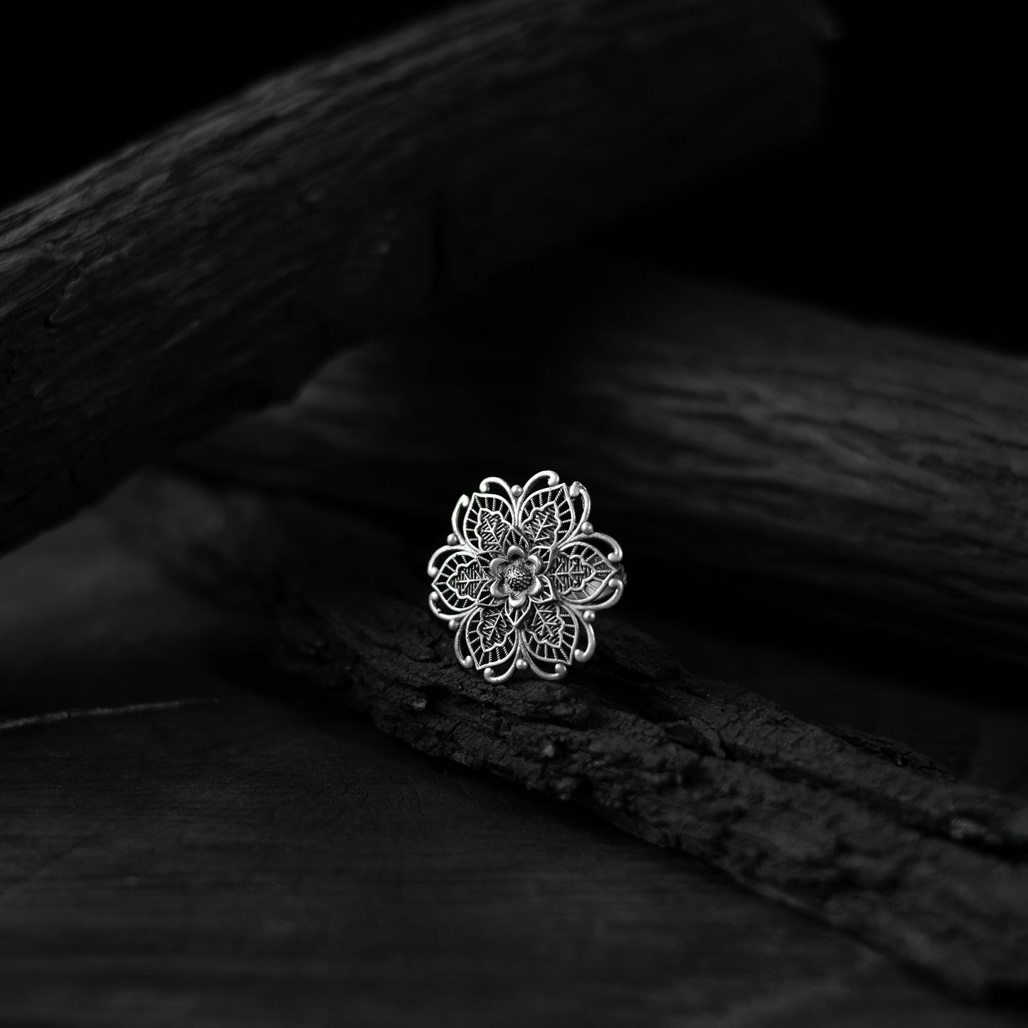 White - saanjh bela blossom oxidised ring - handcrafted