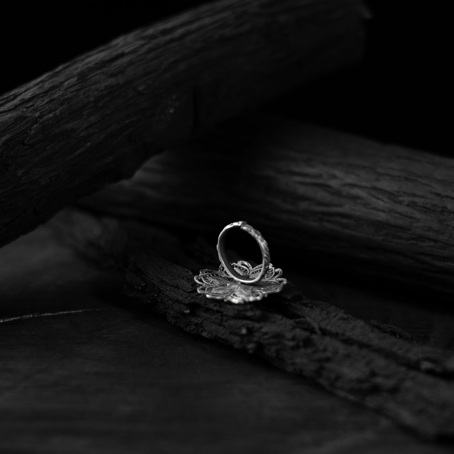 White - saanjh bela blossom oxidised ring - handcrafted