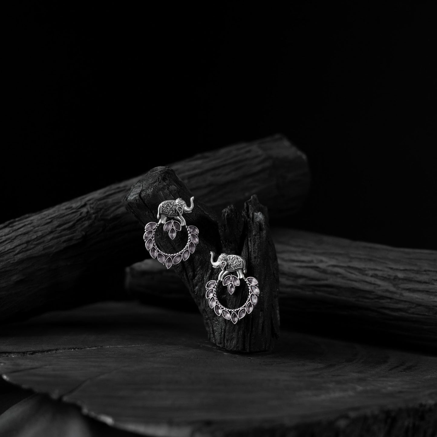 White - saanjh bela elephant oxidised earrings - handcrafted