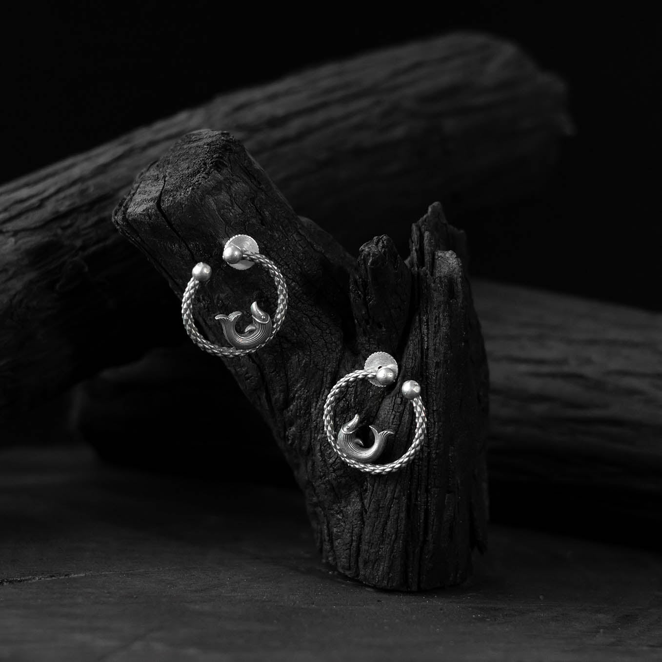 White - saanjh bela matsya oxidised earrings - handcrafted