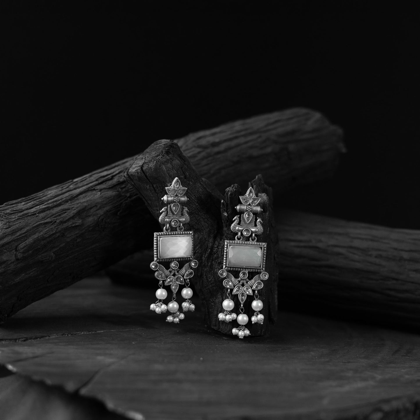 White - saanjh bela seahorse oxidised earrings - handcrafted