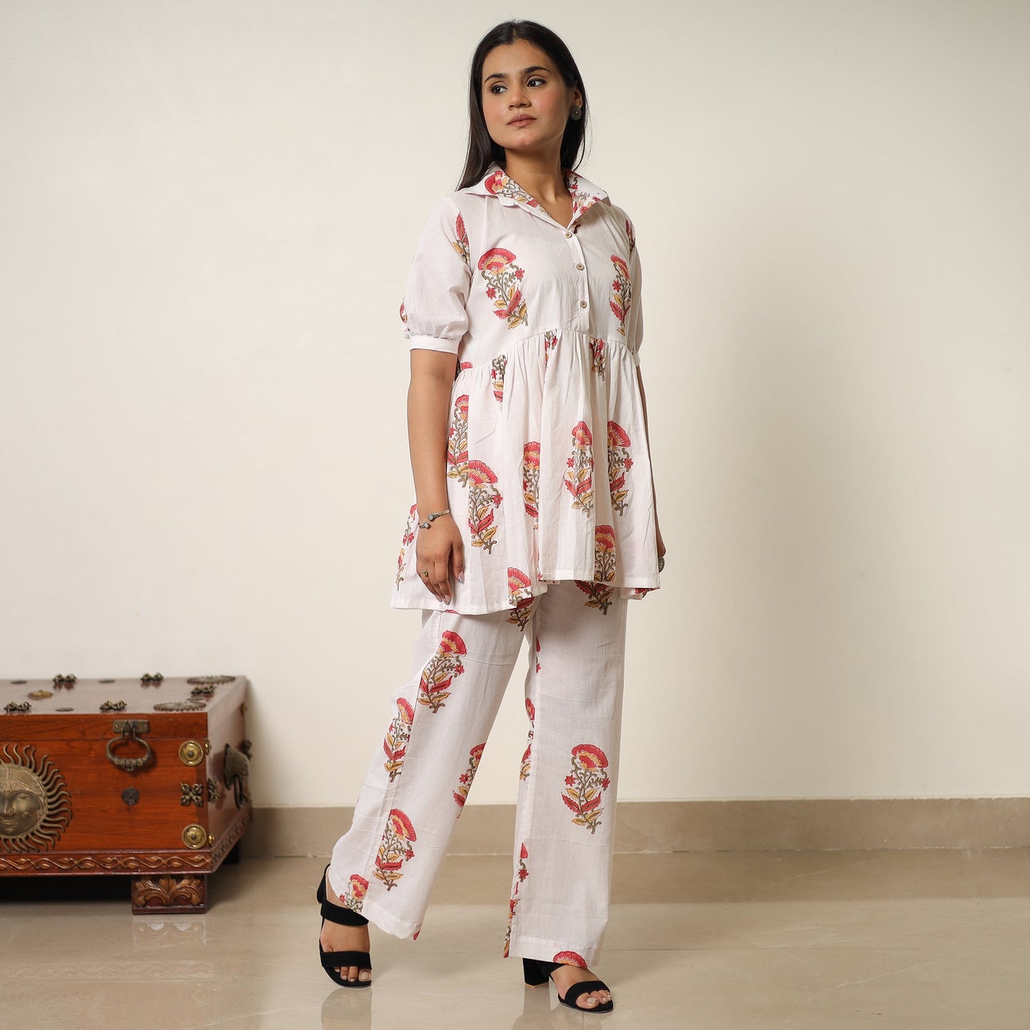 White - sanganeri block printed cotton co-ord set 19