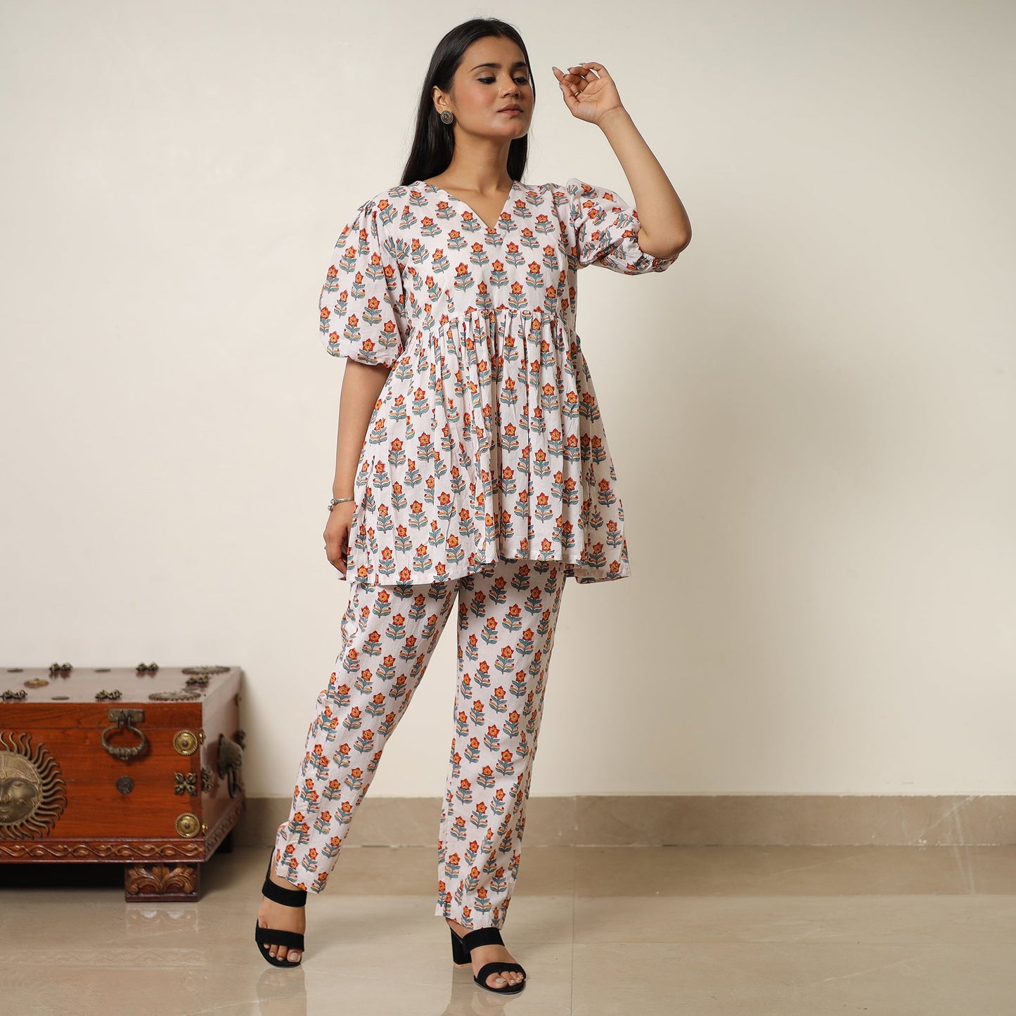 White - sanganeri block printed cotton co-ord set 29