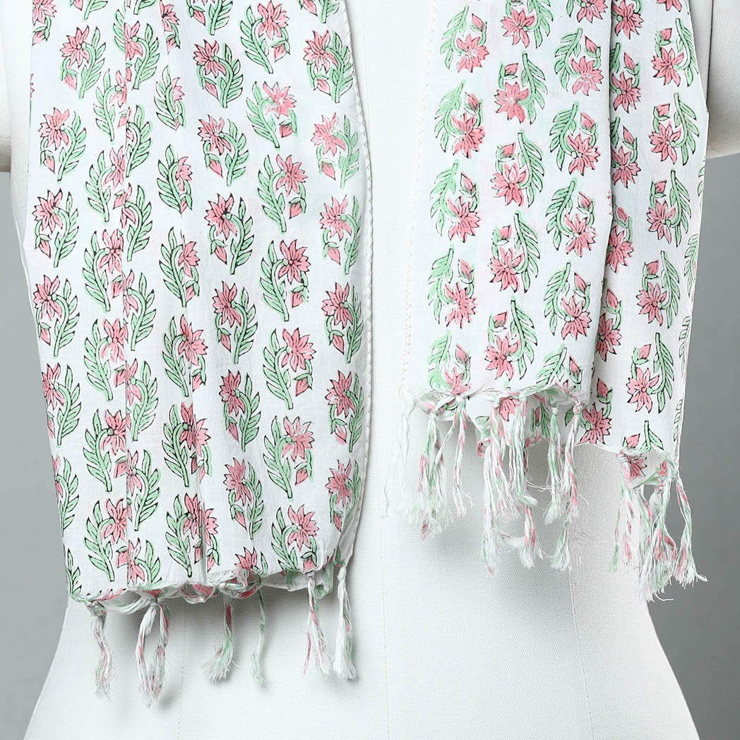 Sanganeri Block Printed Cotton Stole with Tassels 15 Online at iTokri.com