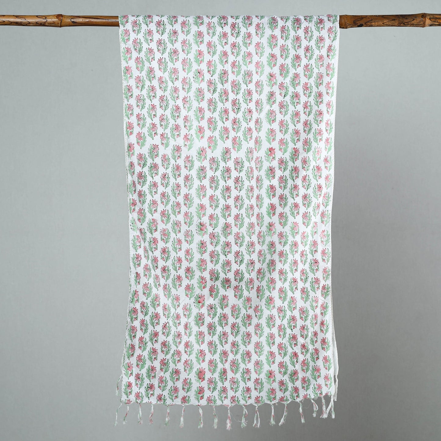 Sanganeri Block Printed Cotton Stole with Tassels 15 Online at iTokri.com
