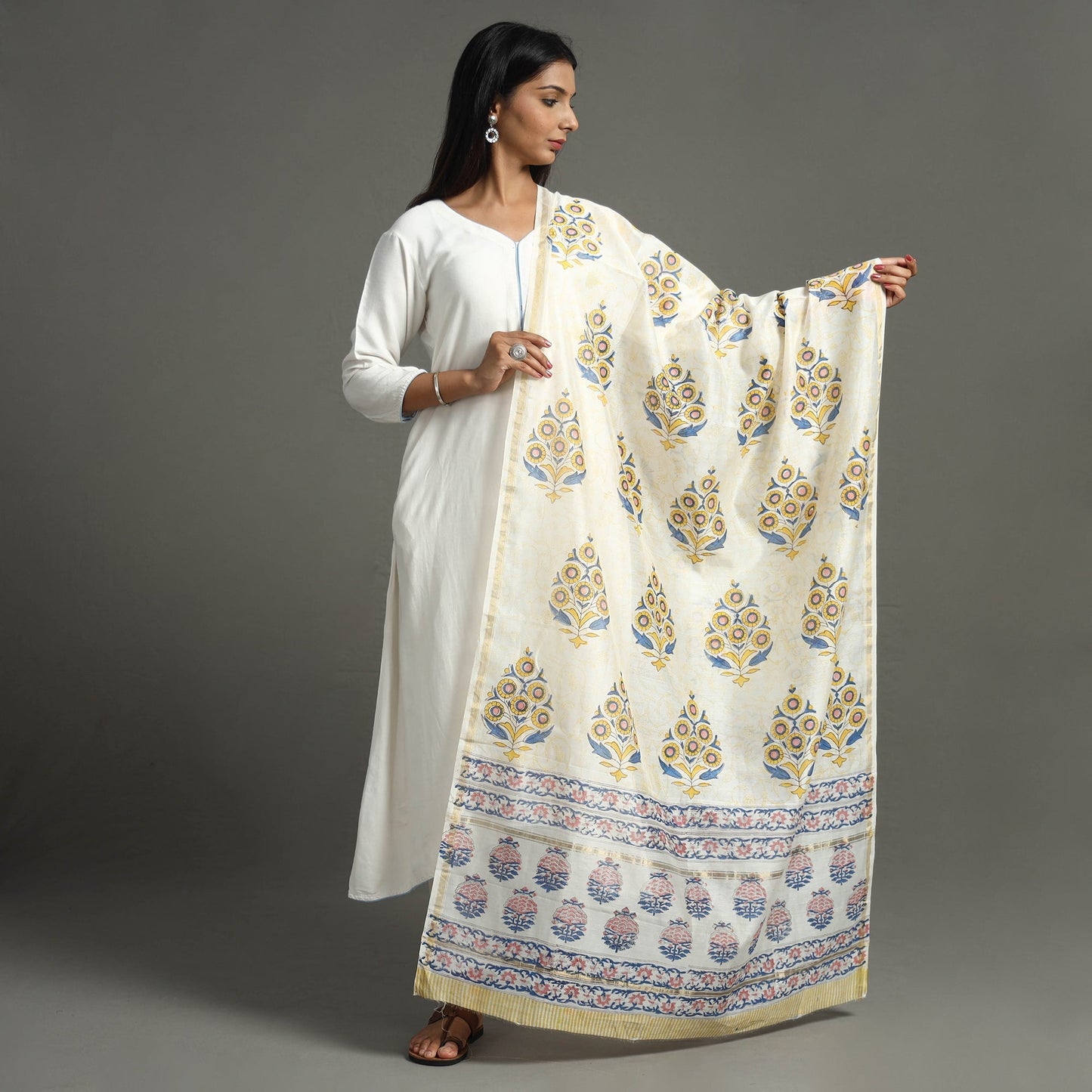 Sanganeri Block Printed Handloom Chanderi Silk Zari Border Dupatta 92