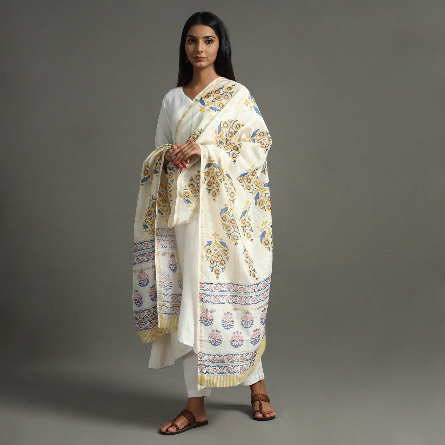 Sanganeri Block Printed Handloom Chanderi Silk Zari Border Dupatta 92