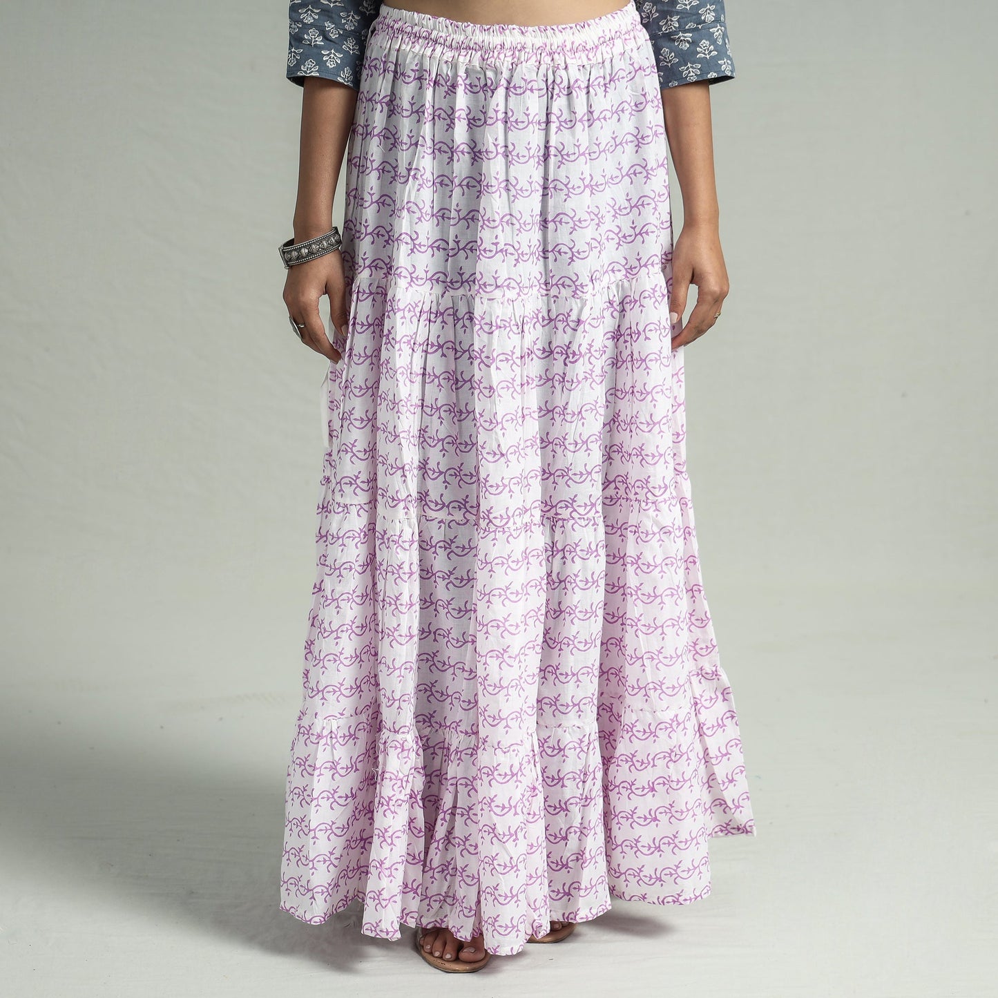 Sanganeri Block Printed Tiered Cotton Long Skirt