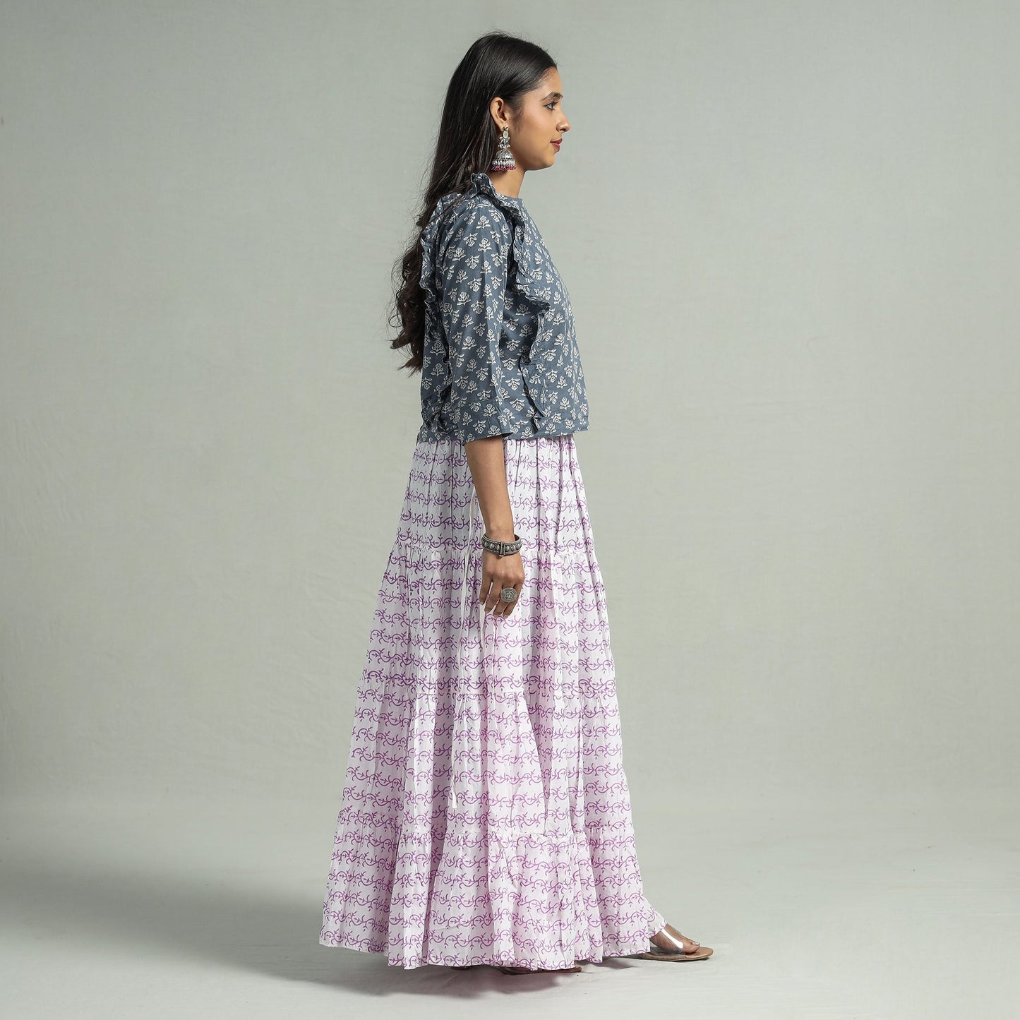 Sanganeri Block Printed Tiered Cotton Long Skirt