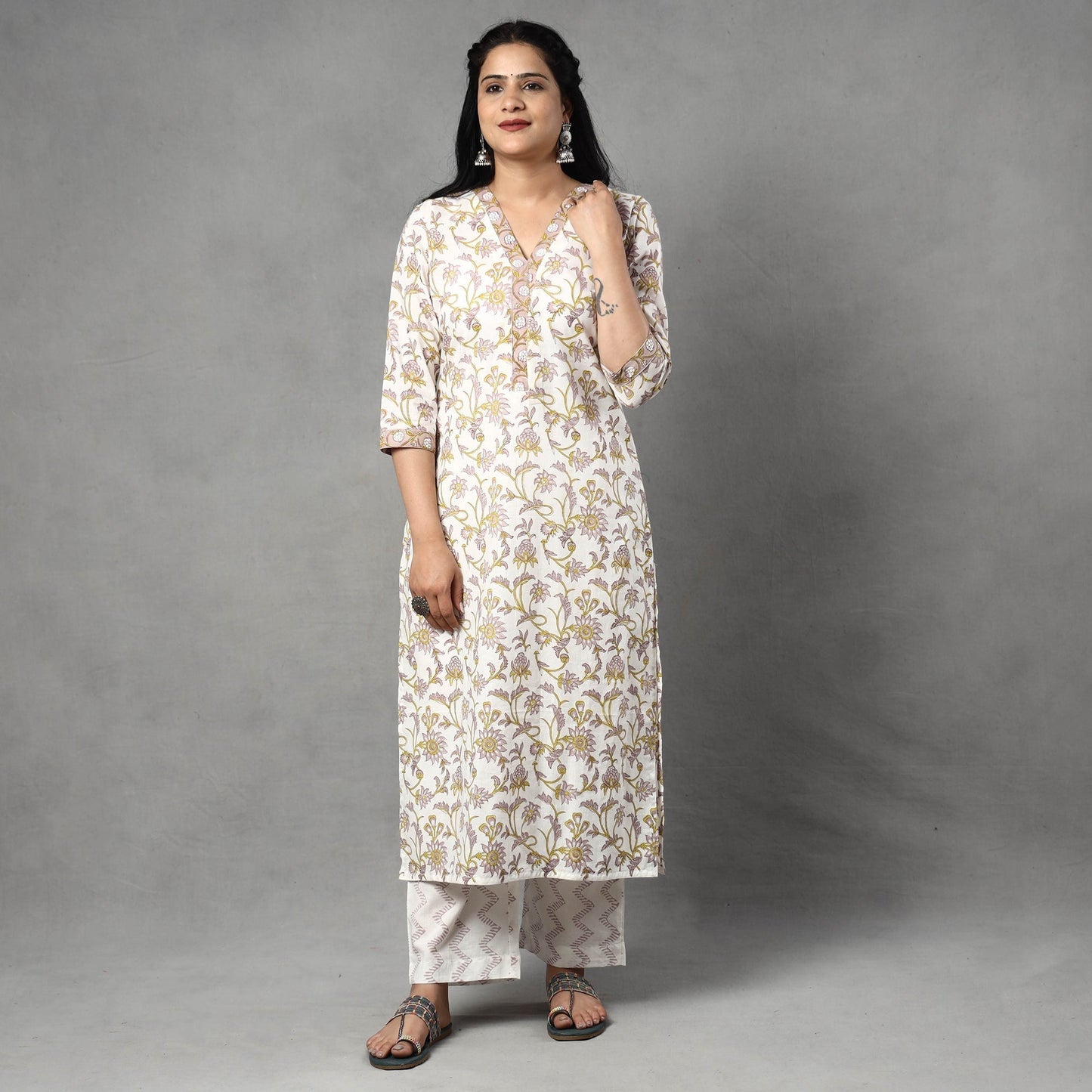 Sanganeri printing cotton kurta with palazzo & dupatta set