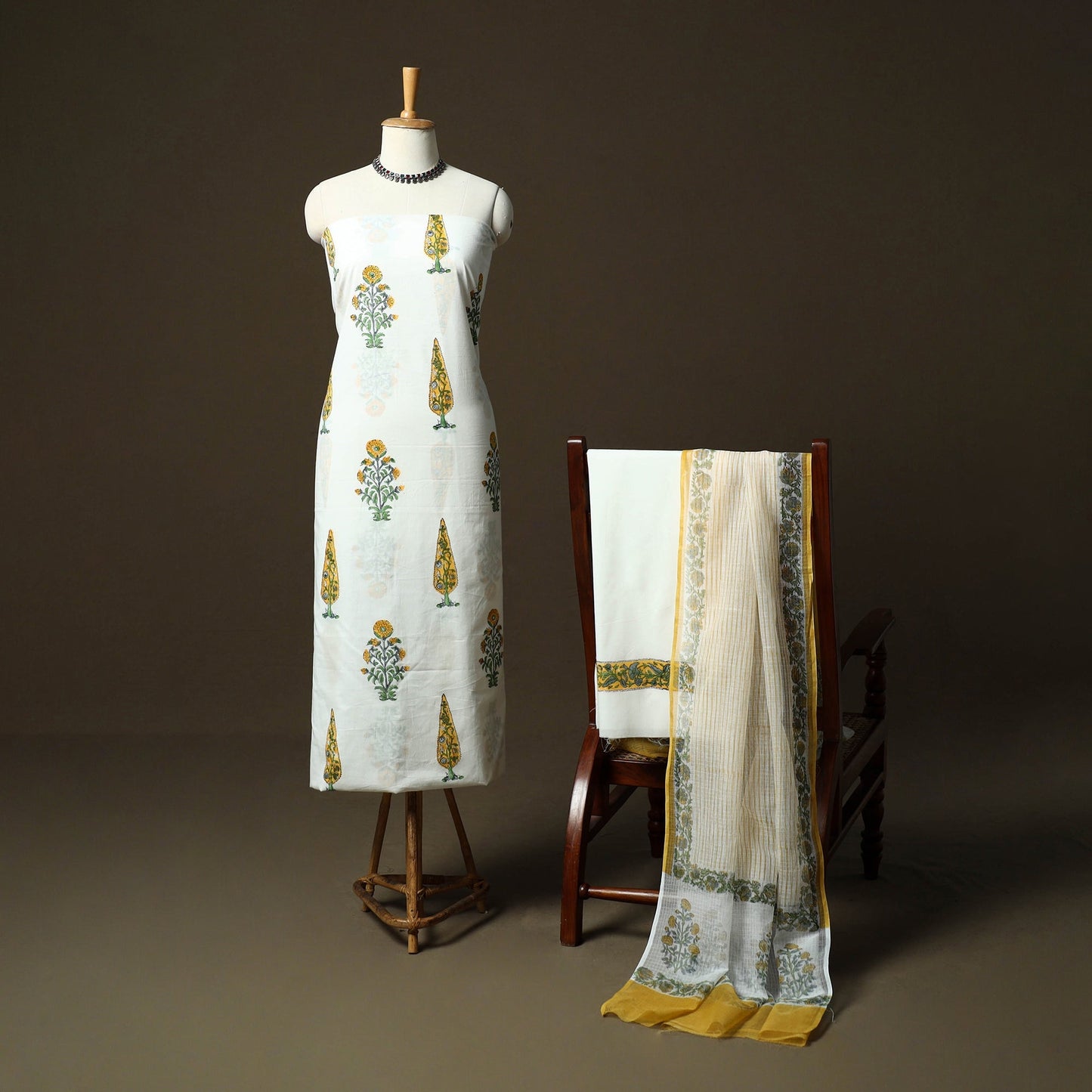 Sanganeri hand block print cotton 3pc unstitched dress