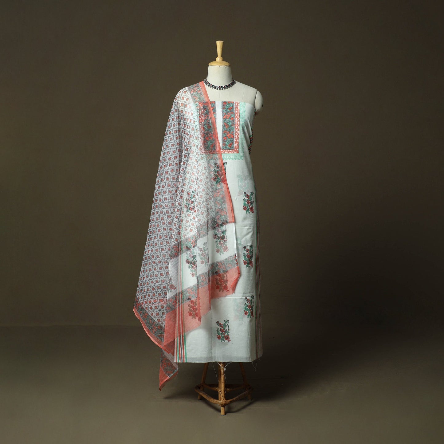 Sanganeri hand block print cotton 3pc unstitched dress