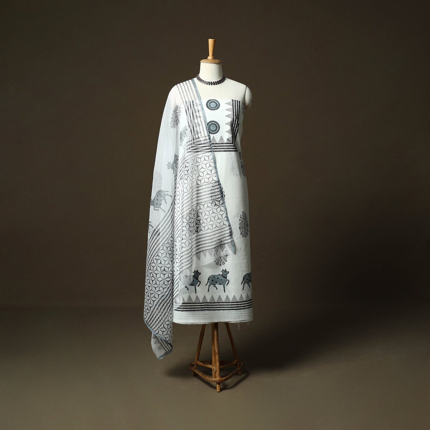 Sanganeri hand block print cotton 3pc unstitched dress