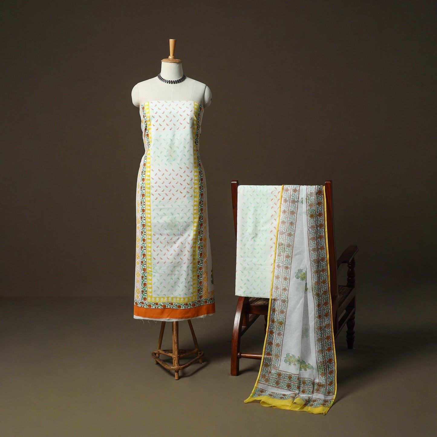 Sanganeri hand block print cotton 3pc unstitched dress