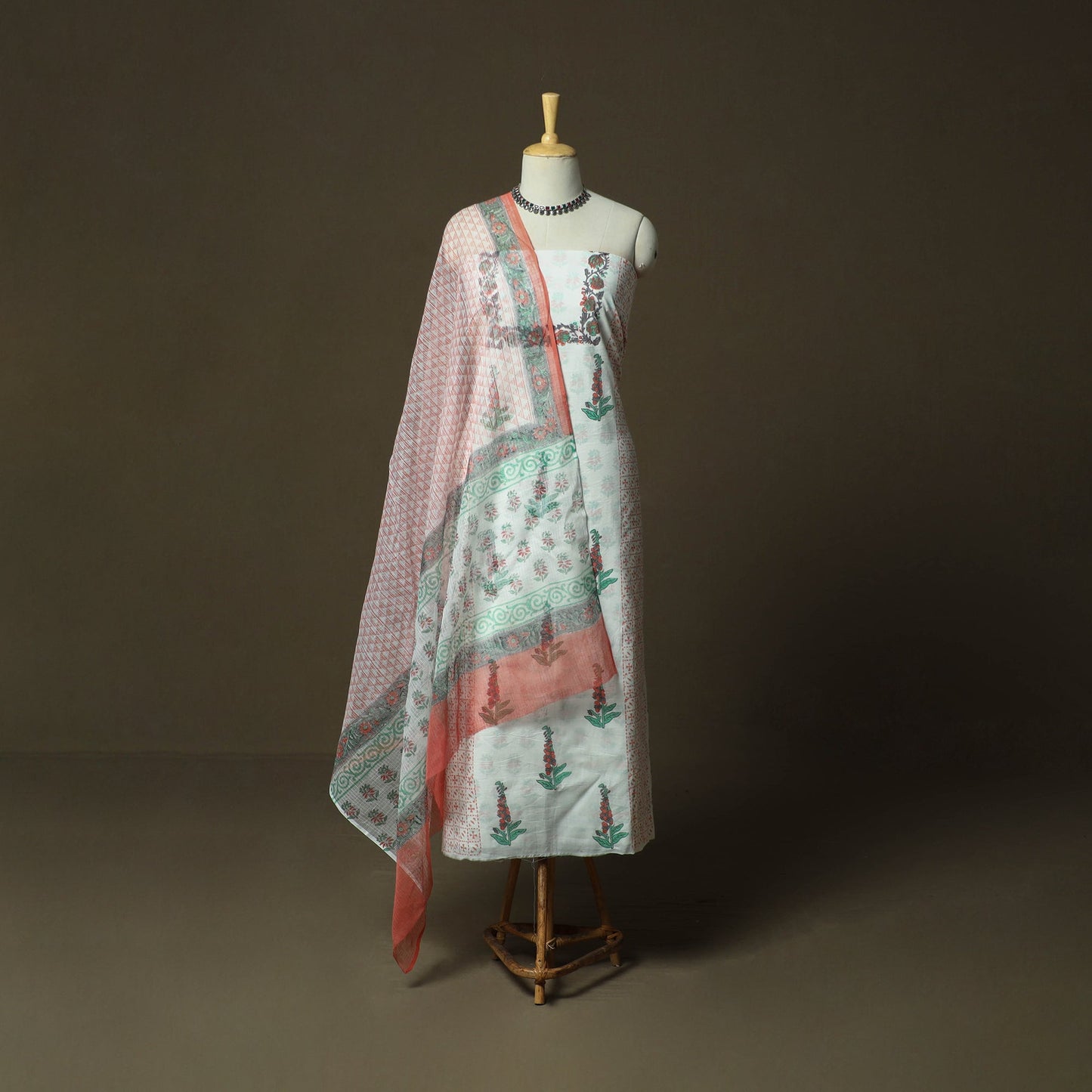 Sanganeri hand block print cotton 3pc unstitched dress