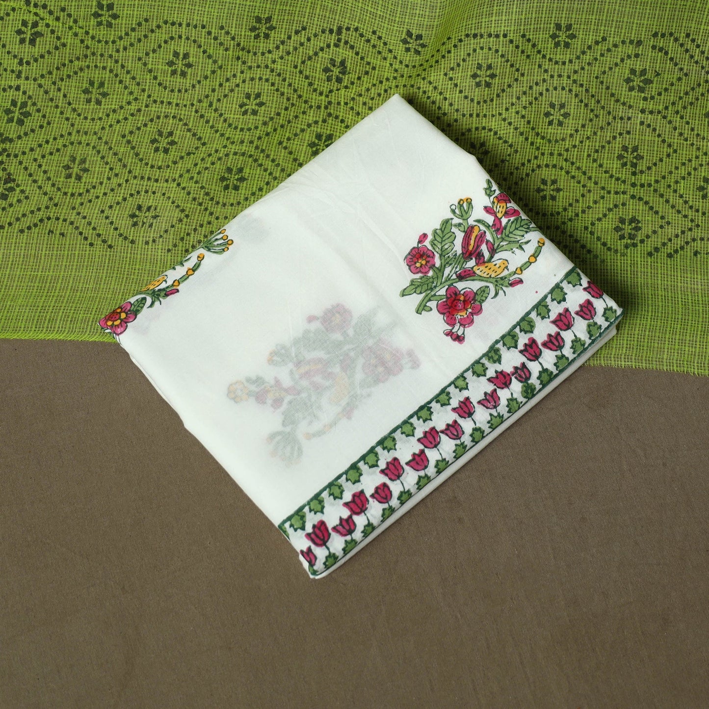 Sanganeri hand block print cotton 3pc unstitched dress