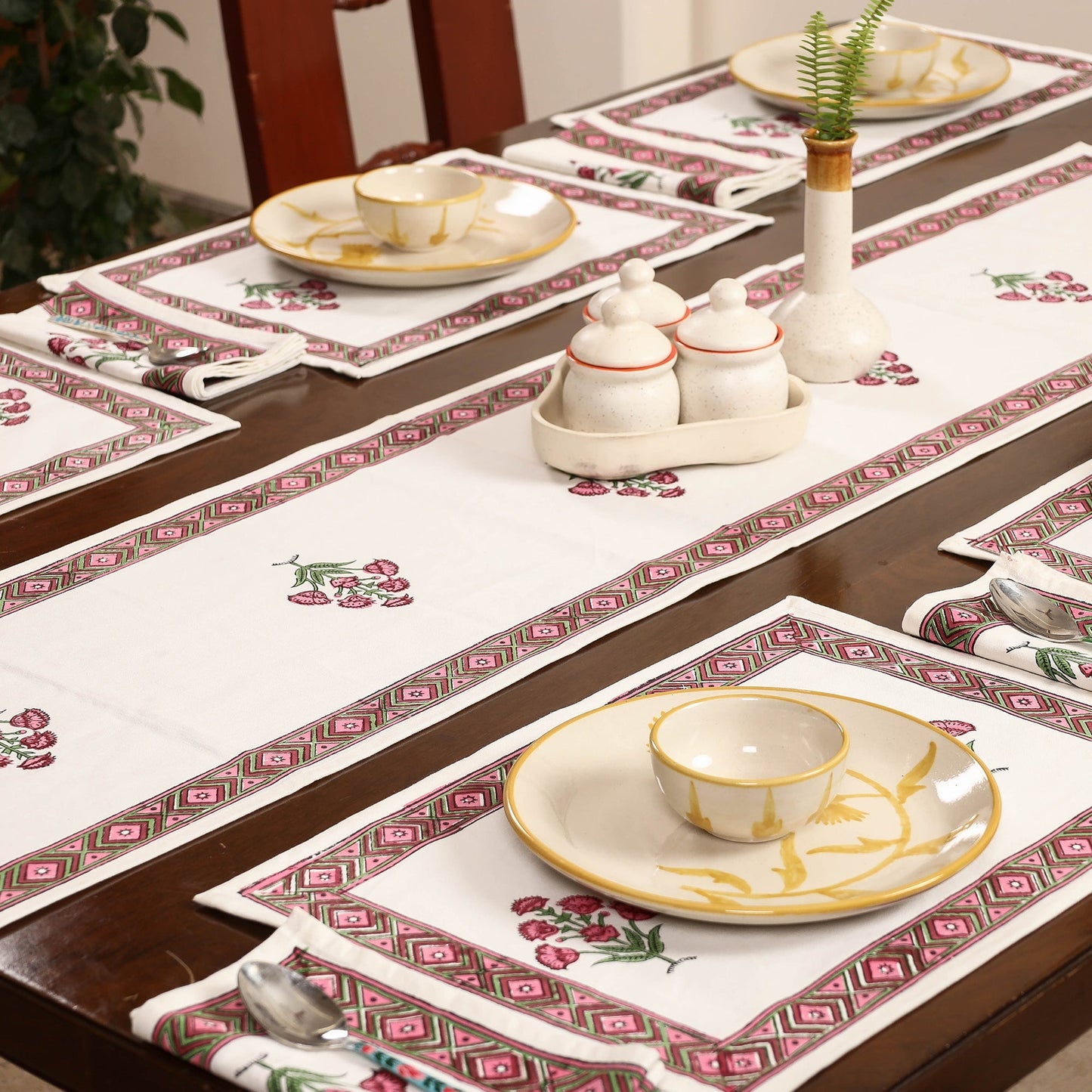 White Sanganeri Print Cotton Table Runner with Mats & Napkins
