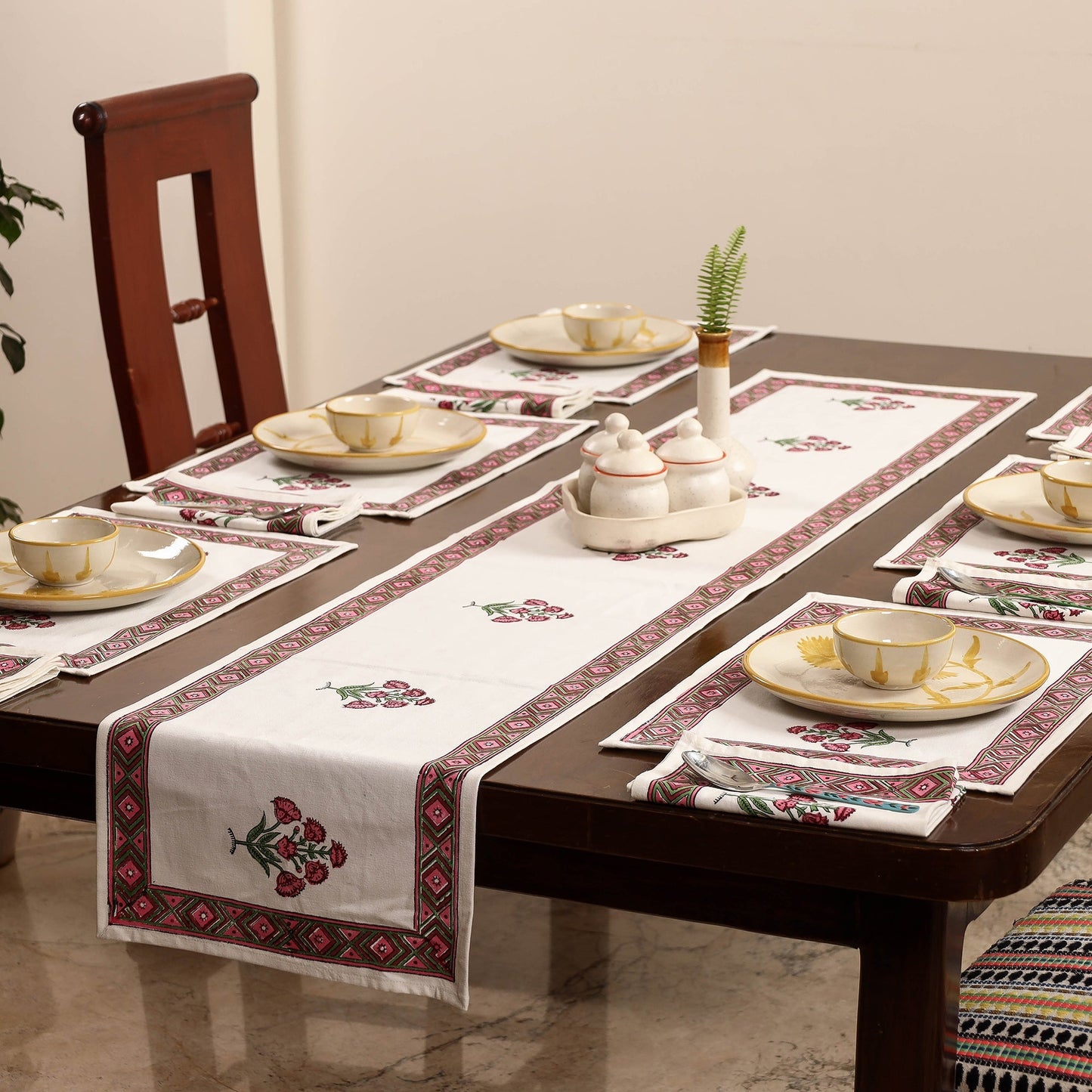 White Sanganeri Print Cotton Table Runner with Mats & Napkins