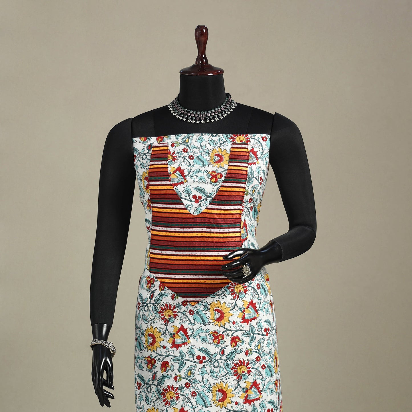 White - sanganeri patchwork cotton unstitched kurta