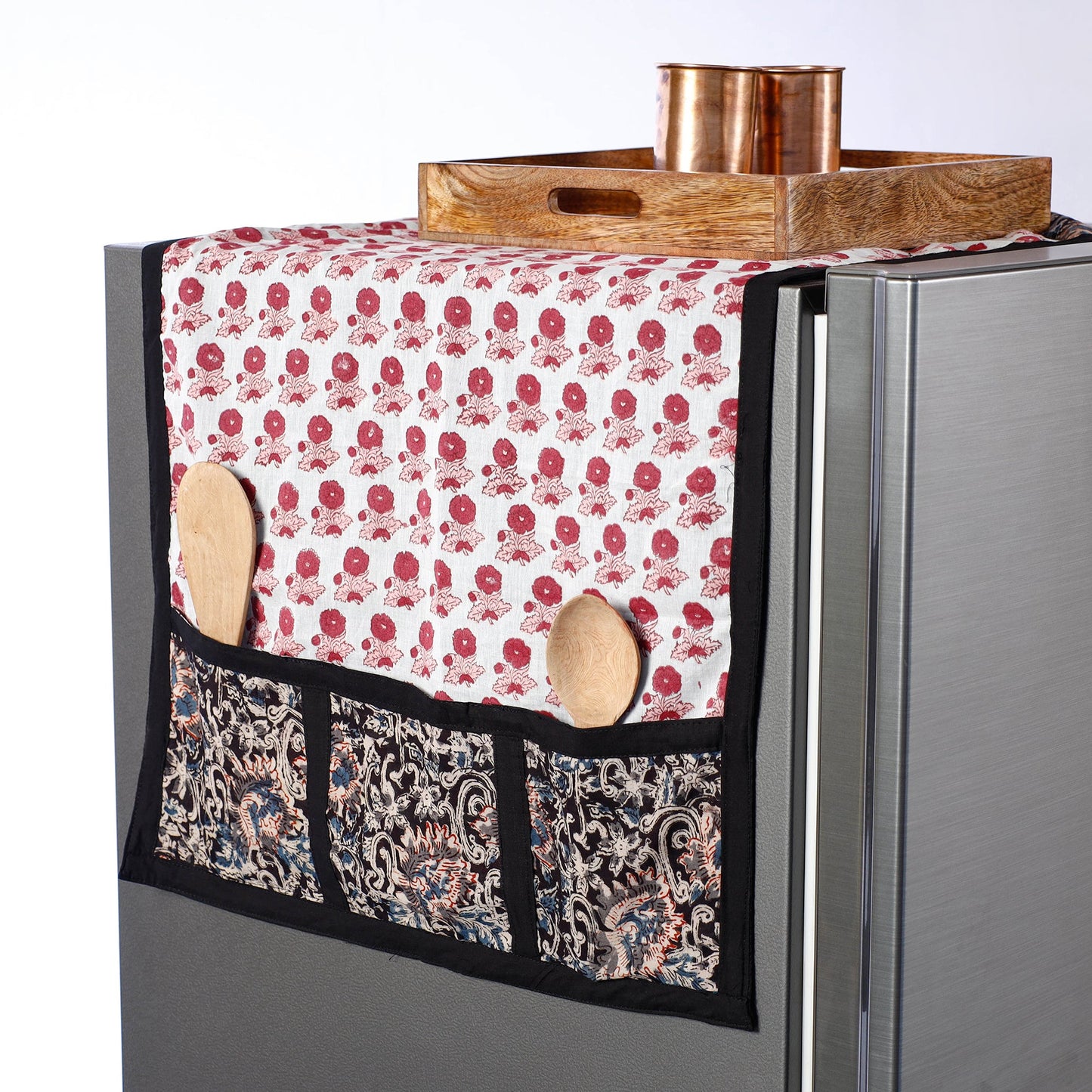 White Sanganeri Block Printed Cotton Fridge Top Cover with Multiple Pockets