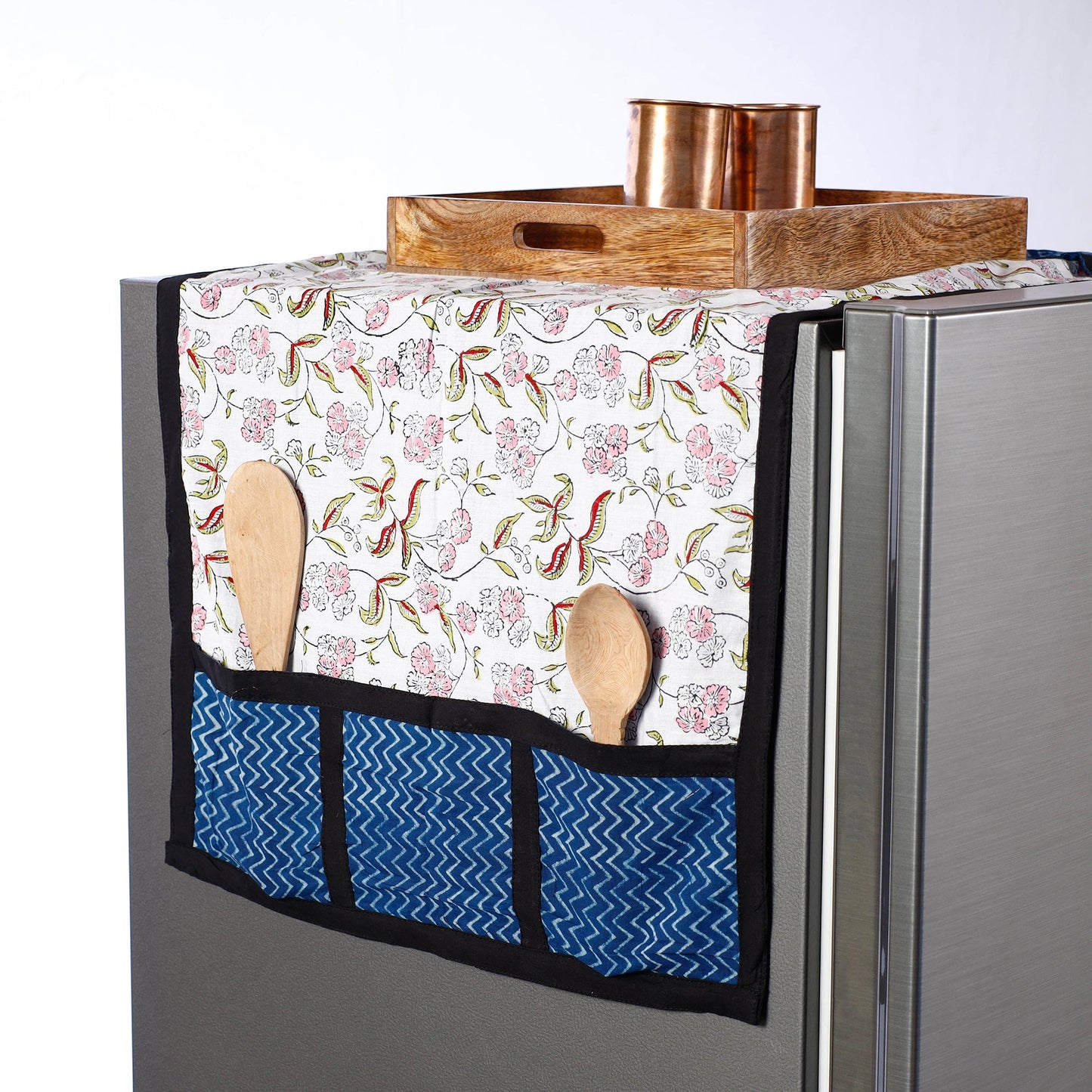 White Sanganeri Block Printed Cotton Fridge Top Cover with Multiple Pockets