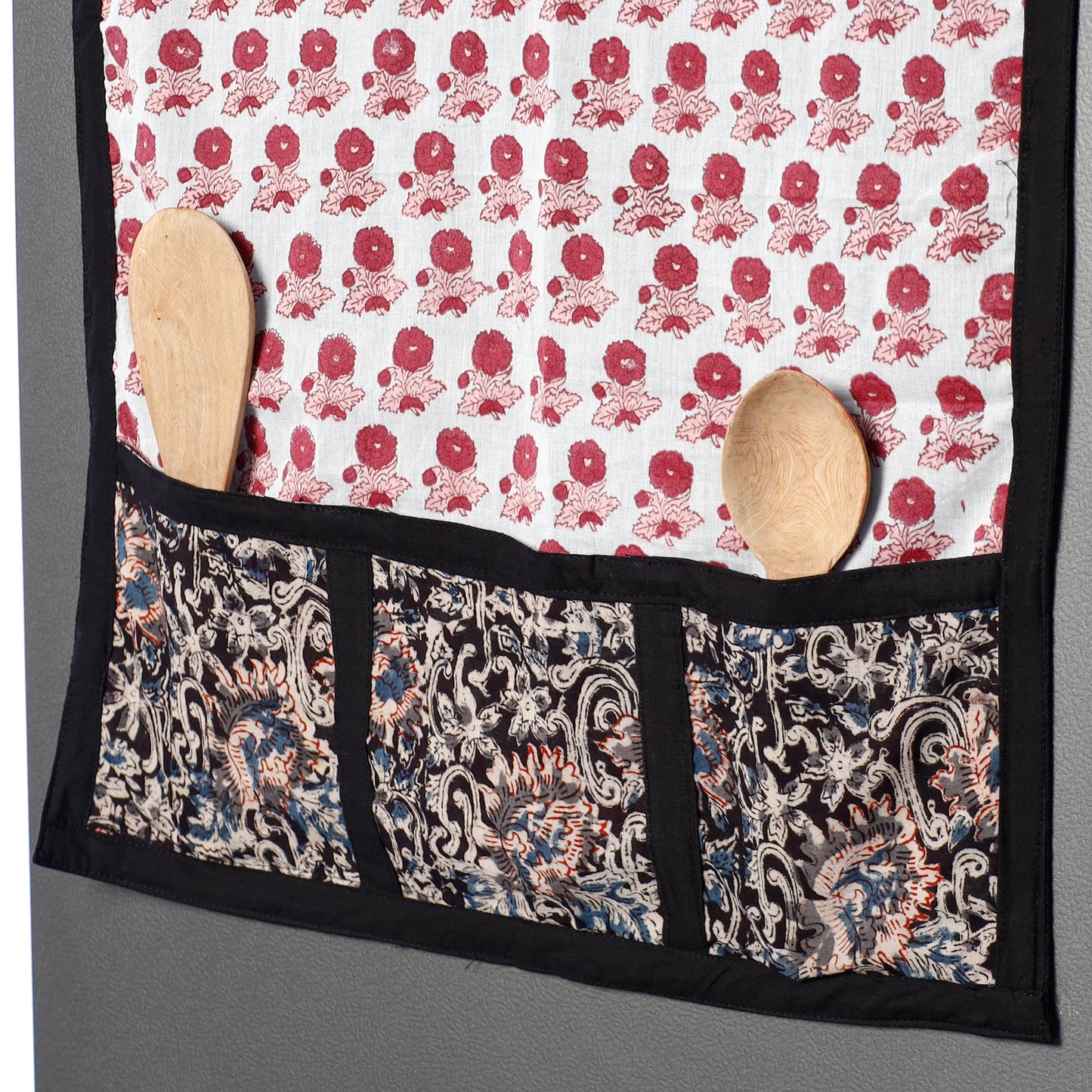 White Sanganeri Block Printed Cotton Fridge Top Cover with Multiple Pockets