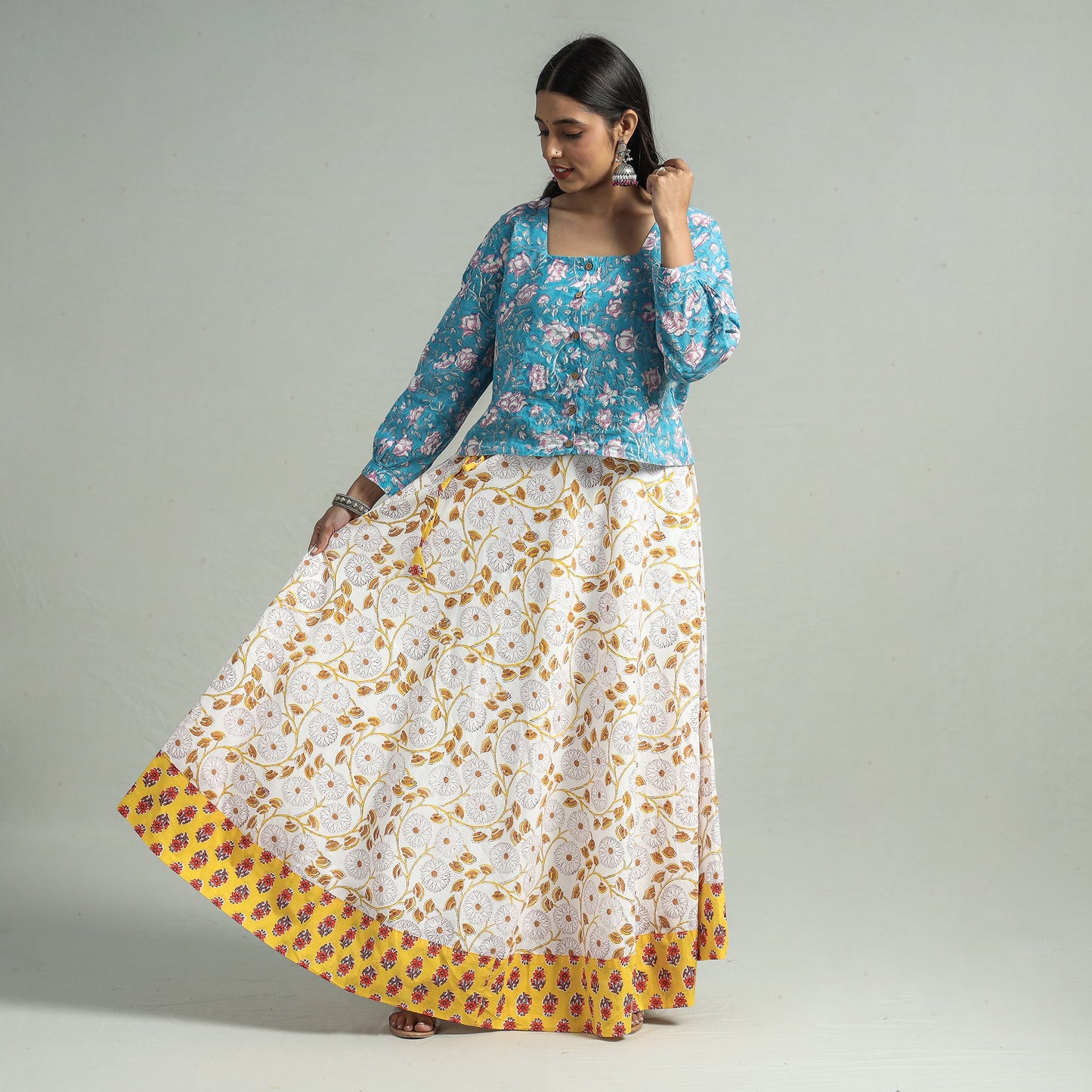 White Sanganeri Block Printed Cotton Long Skirt